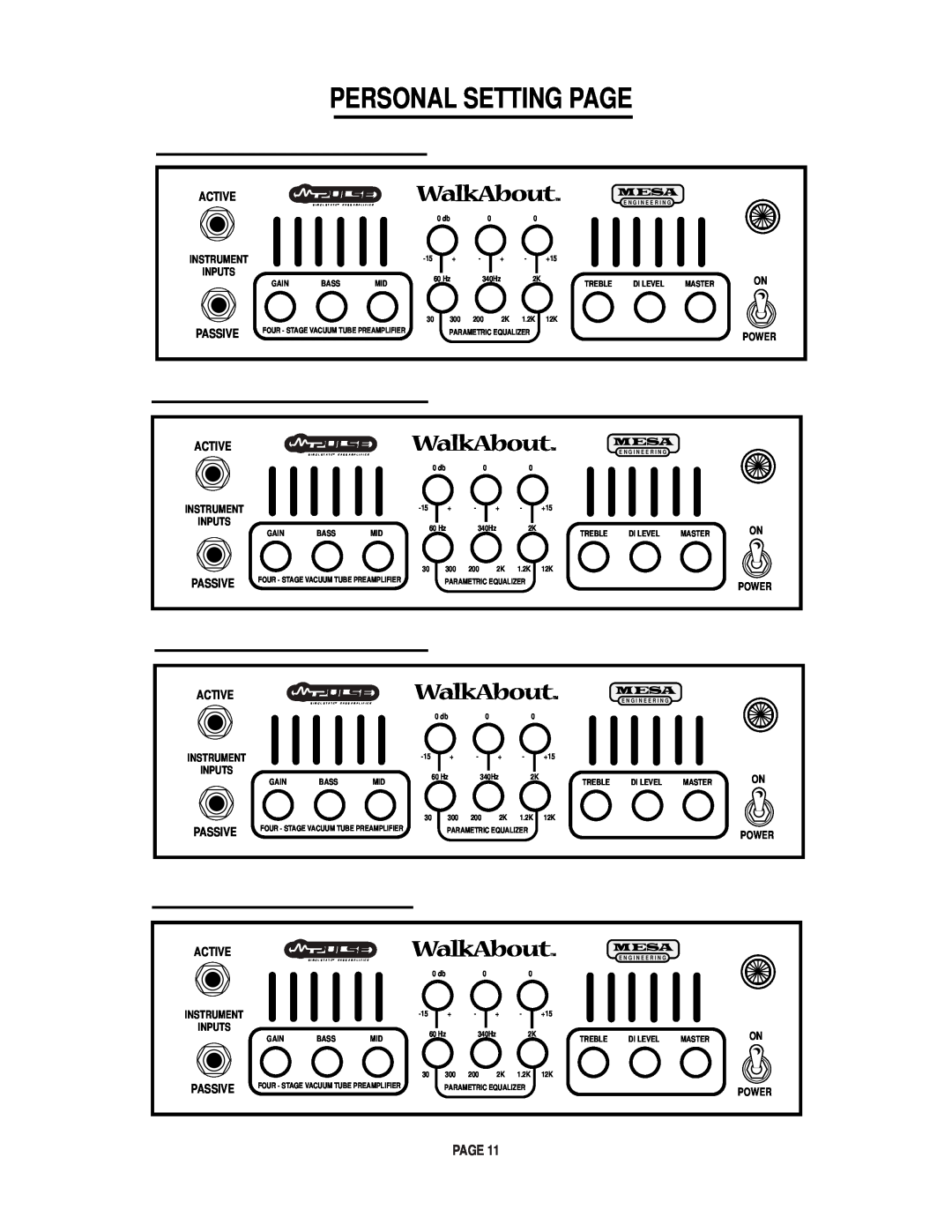 Mesa/Boogie Walk About Bass Amplifier owner manual Personal Setting Page, Active, Passive 