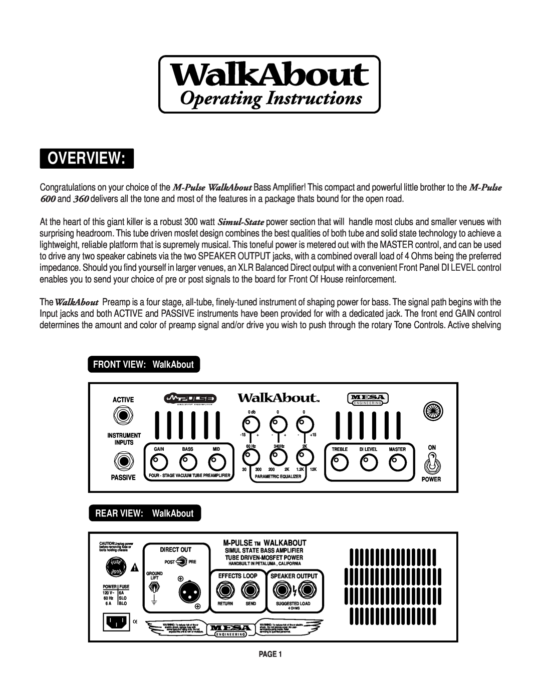 Mesa/Boogie Walk About Bass Amplifier Overview, Operating Instructions, FRONT VIEW WalkAbout, REAR VIEW WalkAbout 