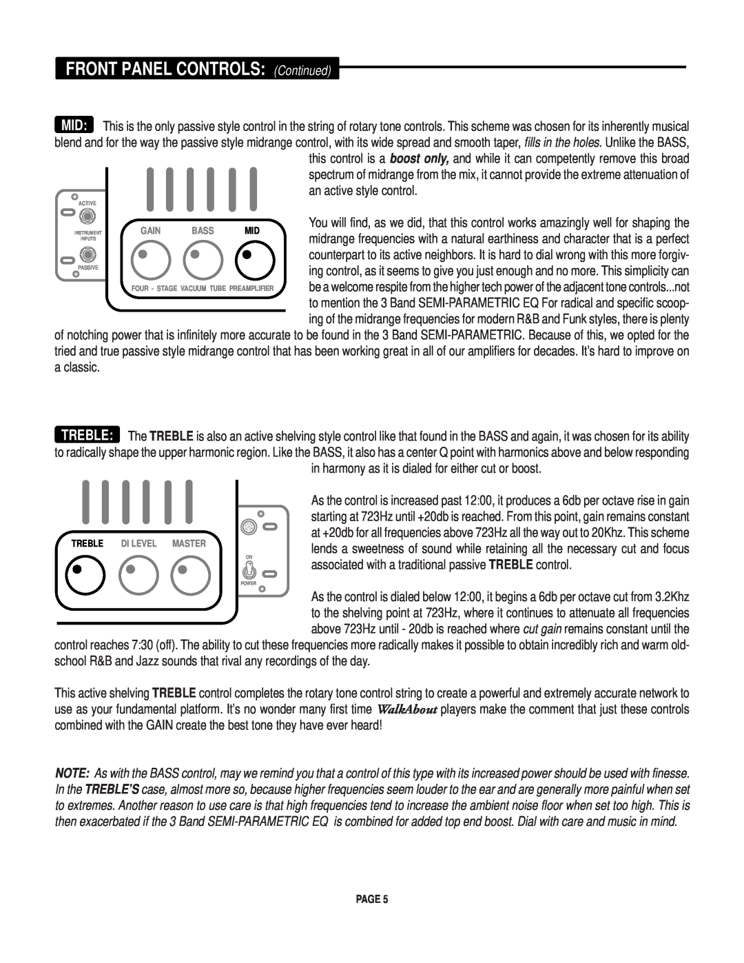 Mesa/Boogie Walk About Bass Amplifier owner manual Gain Bass Mid, Treble, Di Level Master 