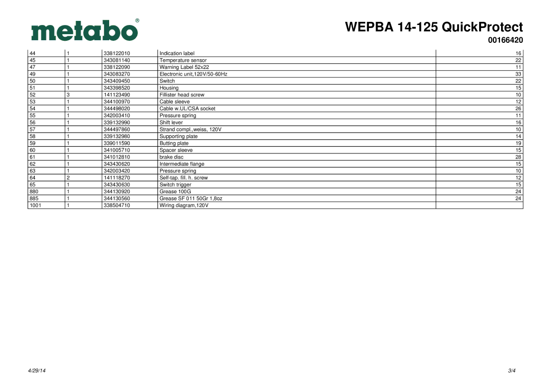 Metabo 600166420 manual Wepba 14-125 QuickProtect 