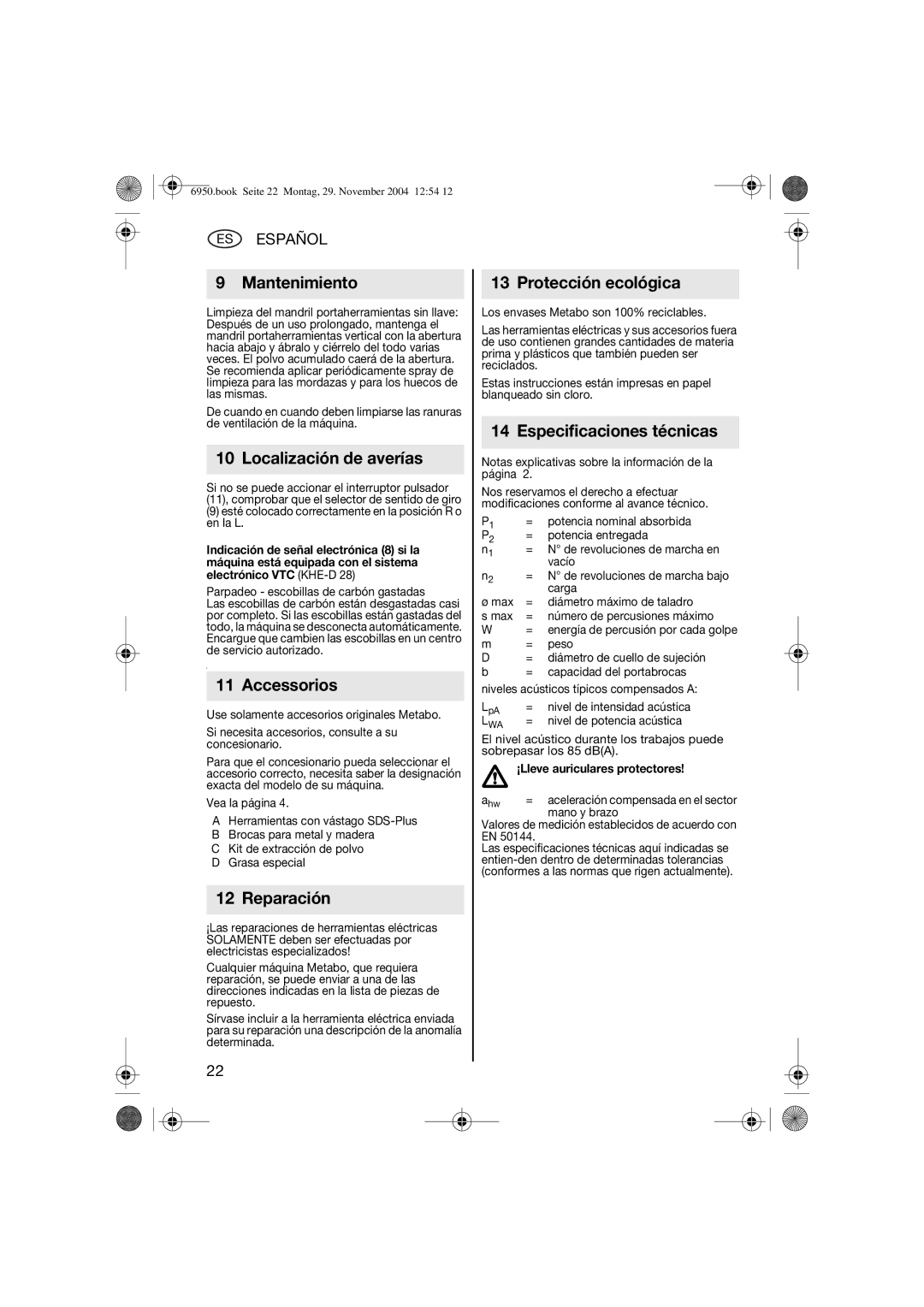 Metabo 600224420 Mantenimiento, Localización de averías, Accessorios, Reparación, Protección ecológica 