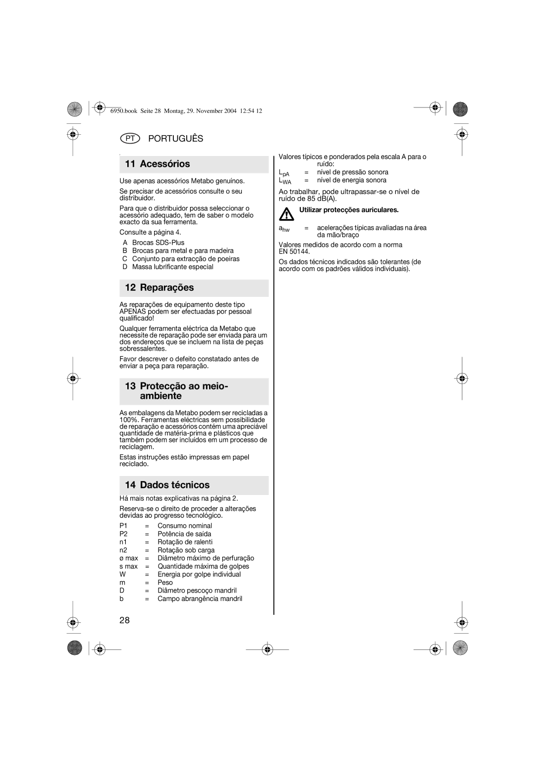 Metabo 600224420 Acessórios, Reparações, Protecção ao meio- ambiente, Dados técnicos, Utilizar protecções auriculares 