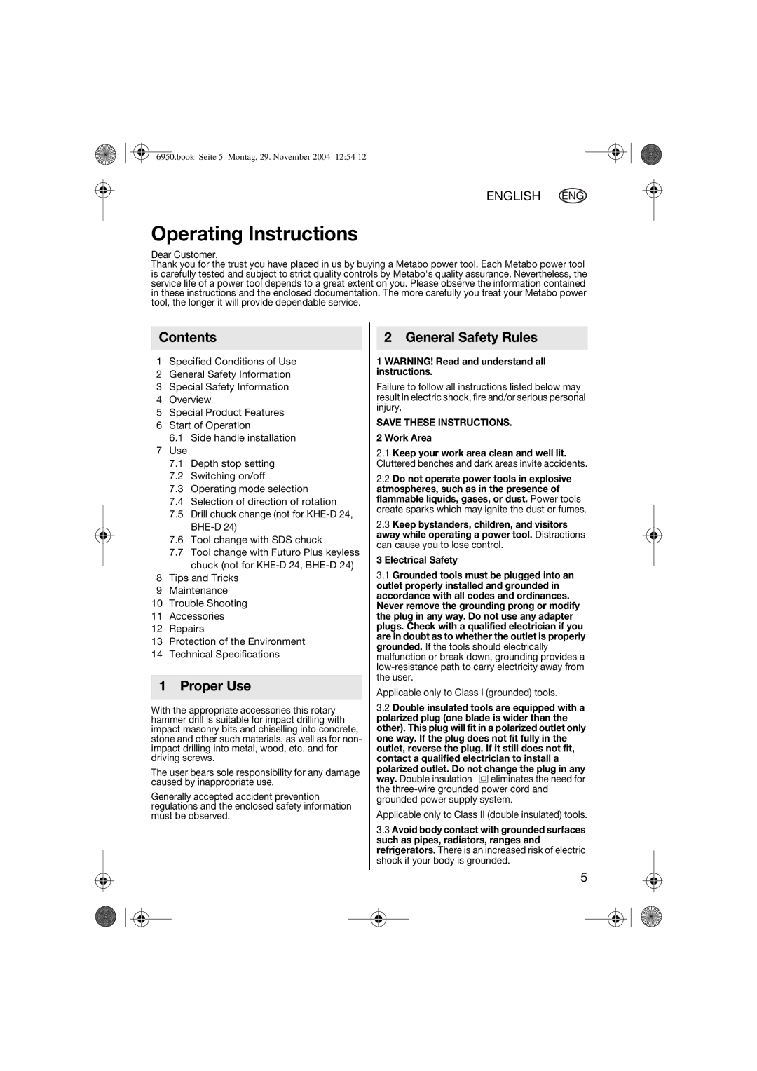 Metabo 600224420 operating instructions Contents, Proper Use, General Safety Rules 