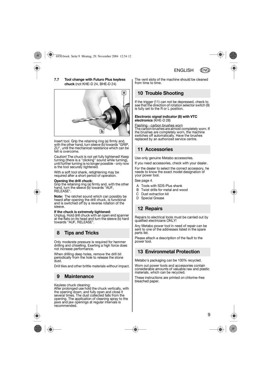 Metabo 600224420 Tips and Tricks, Maintenance, Trouble Shooting, Accessories, Repairs, Environmetal Protection 