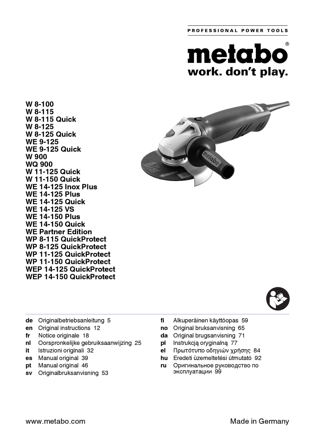 Metabo 600267420, 600292420, 600264420, 600268420, 600271420, 600274420, 600279420, 600280420, 600281420 manual Made in Germany 