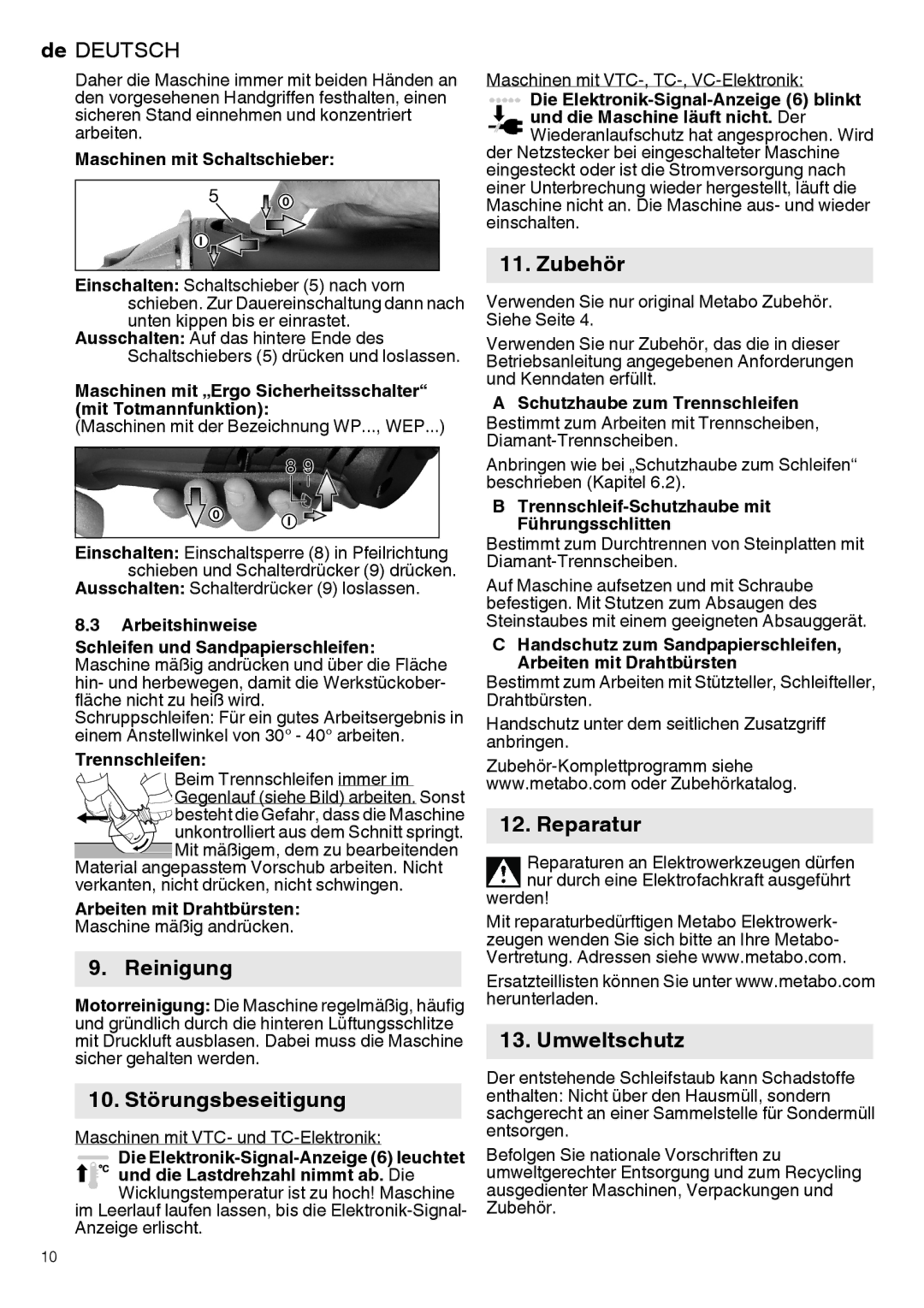 Metabo 600270420, 600292420, 600267420, 600264420 manual Reinigung, 10. Störungsbeseitigung, Zubehör, Reparatur, Umweltschutz 