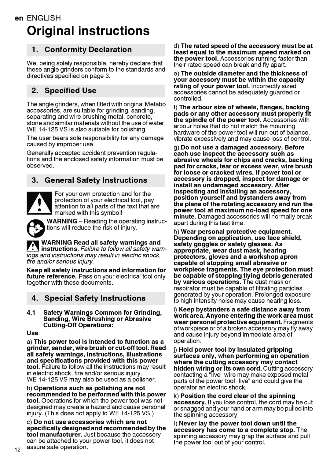 Metabo 600263420, 600292420 manual Original instructions, Conformity Declaration, Specified Use, General Safety Instructions 