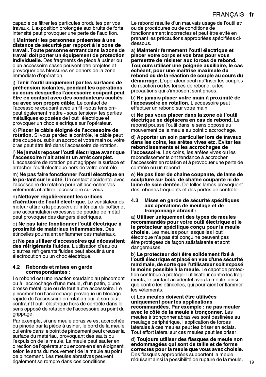 Metabo 600279420, 600292420, 600267420, 600264420, 600268420, 600271420 Français, Rebonds et mises en garde correspondantes 