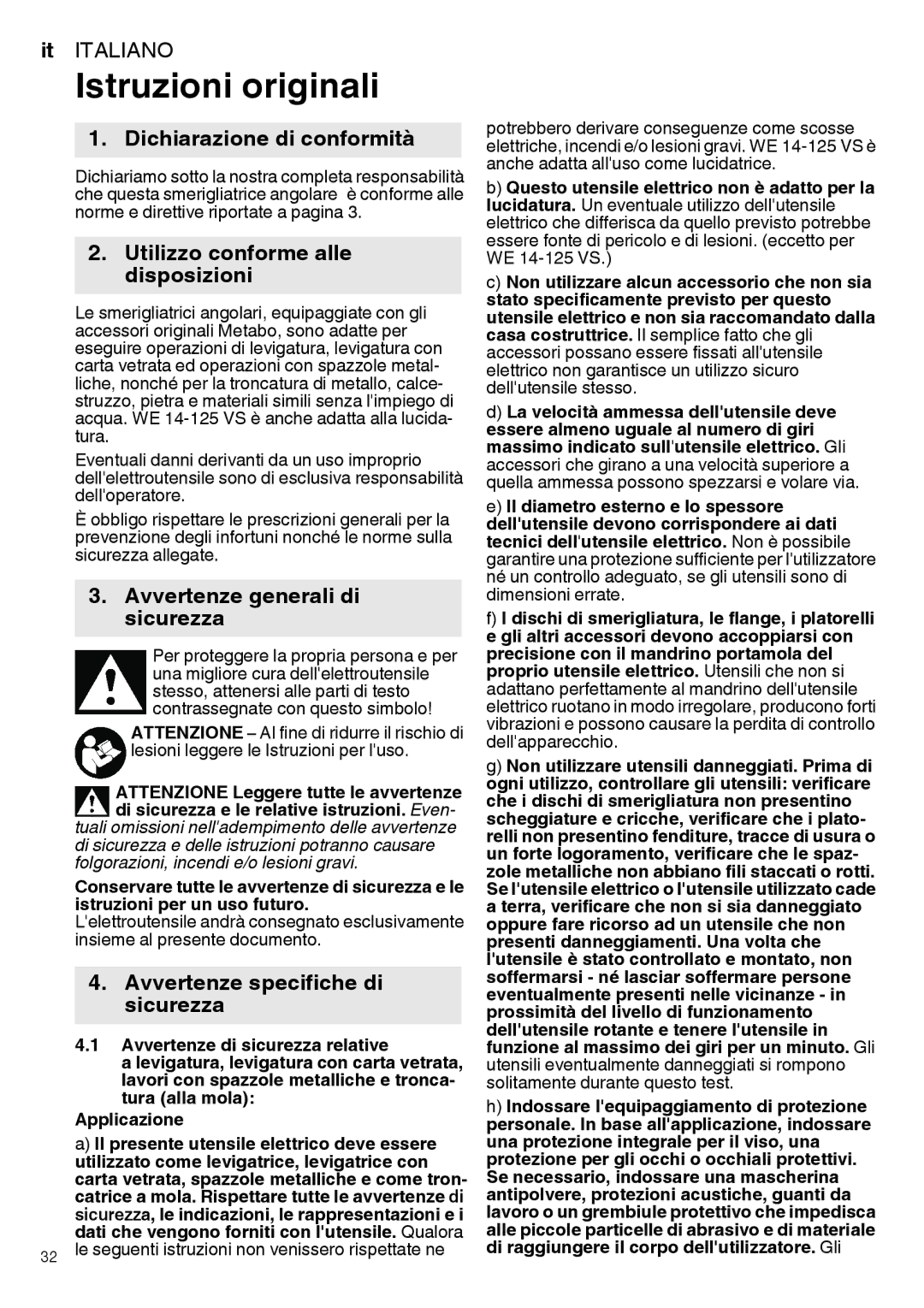 Metabo 600279420, 600292420 manual Istruzioni originali, Dichiarazione di conformità, Utilizzo conforme alle disposizioni 