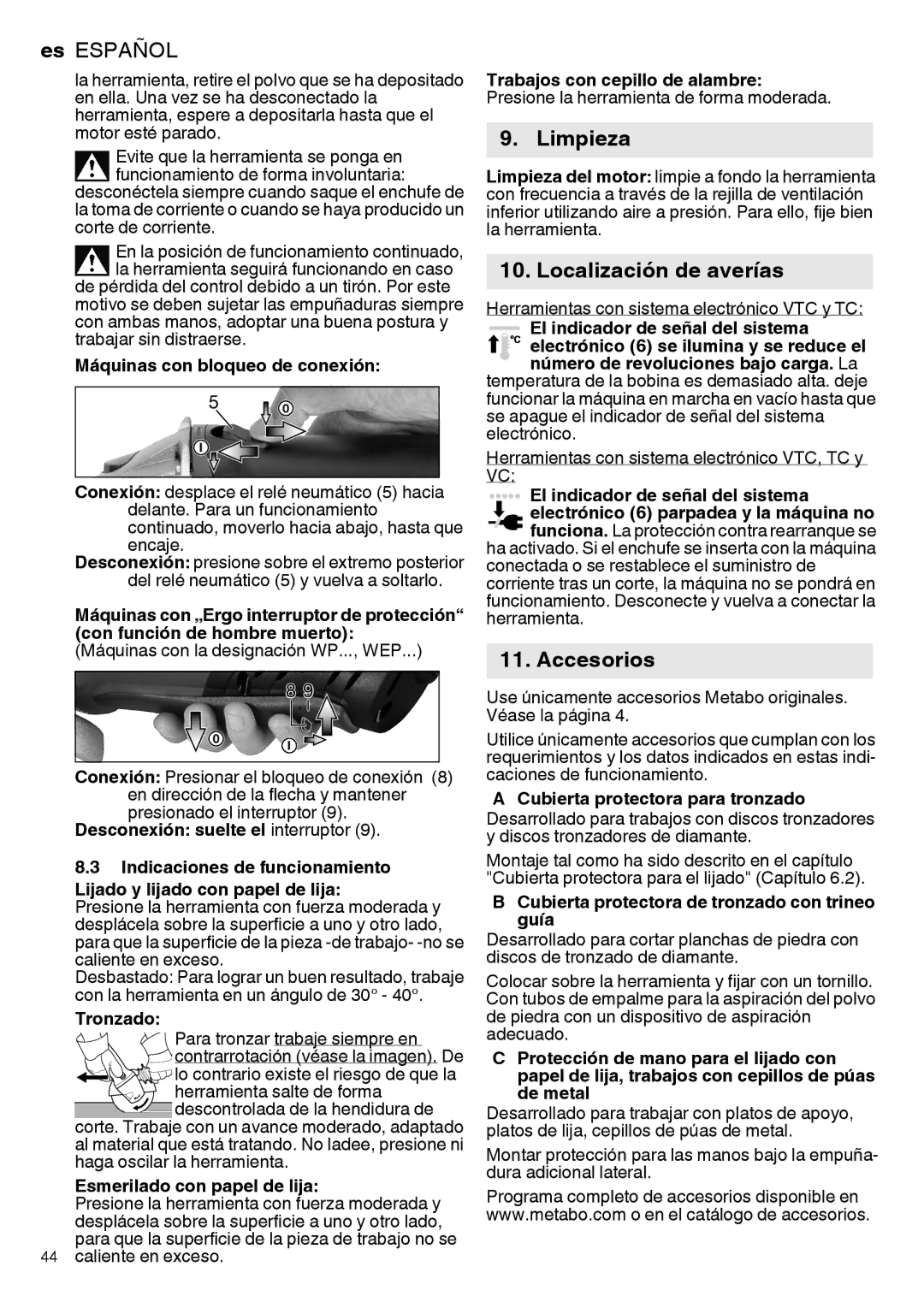 Metabo 600274420, 600292420, 600267420, 600264420, 600268420, 600271420 manual Limpieza, Localización de averías, Accesorios 