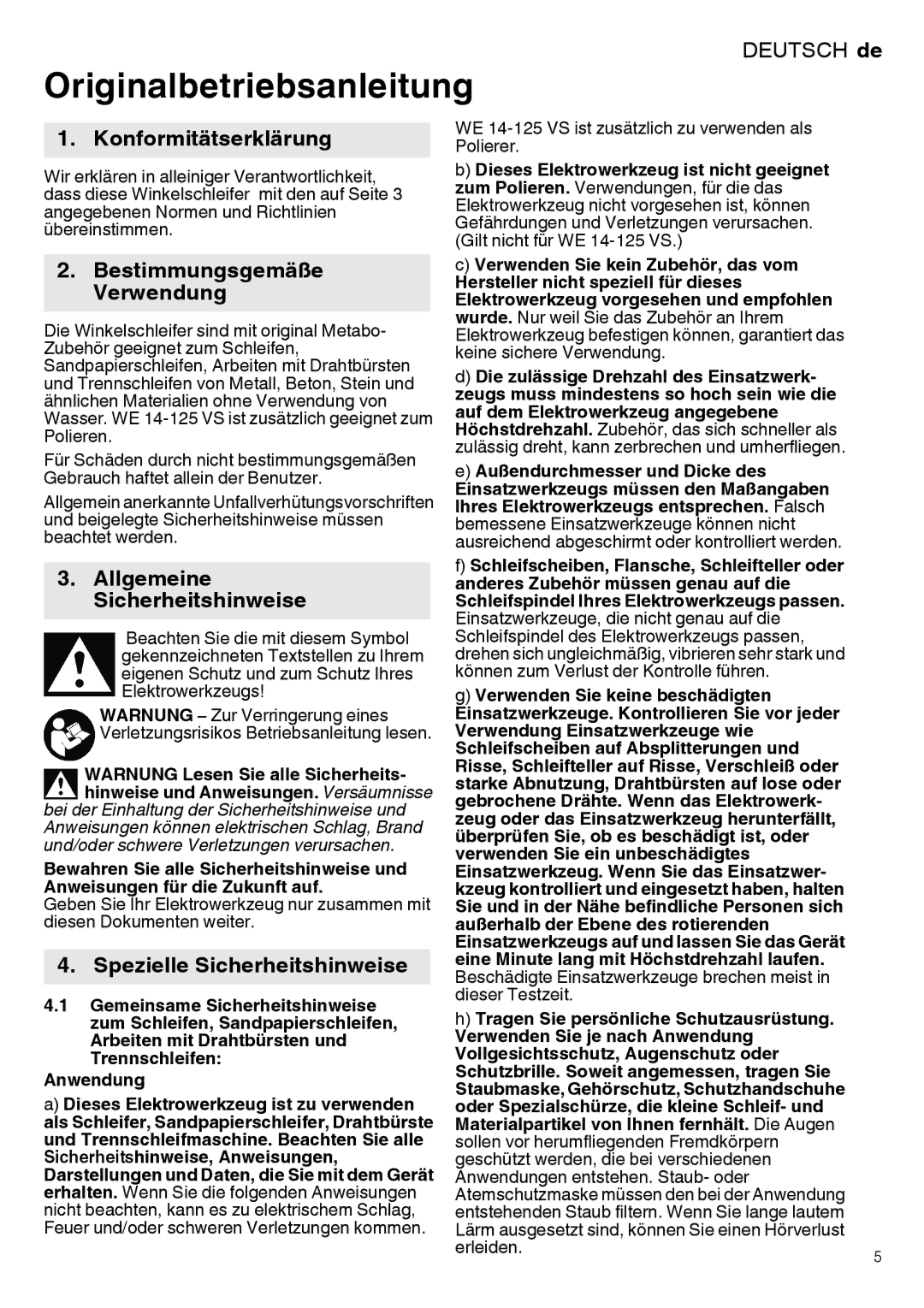 Metabo 600274420, 600292420, 600267420 manual Originalbetriebsanleitung, Konformitätserklärung, Bestimmungsgemäße Verwendung 