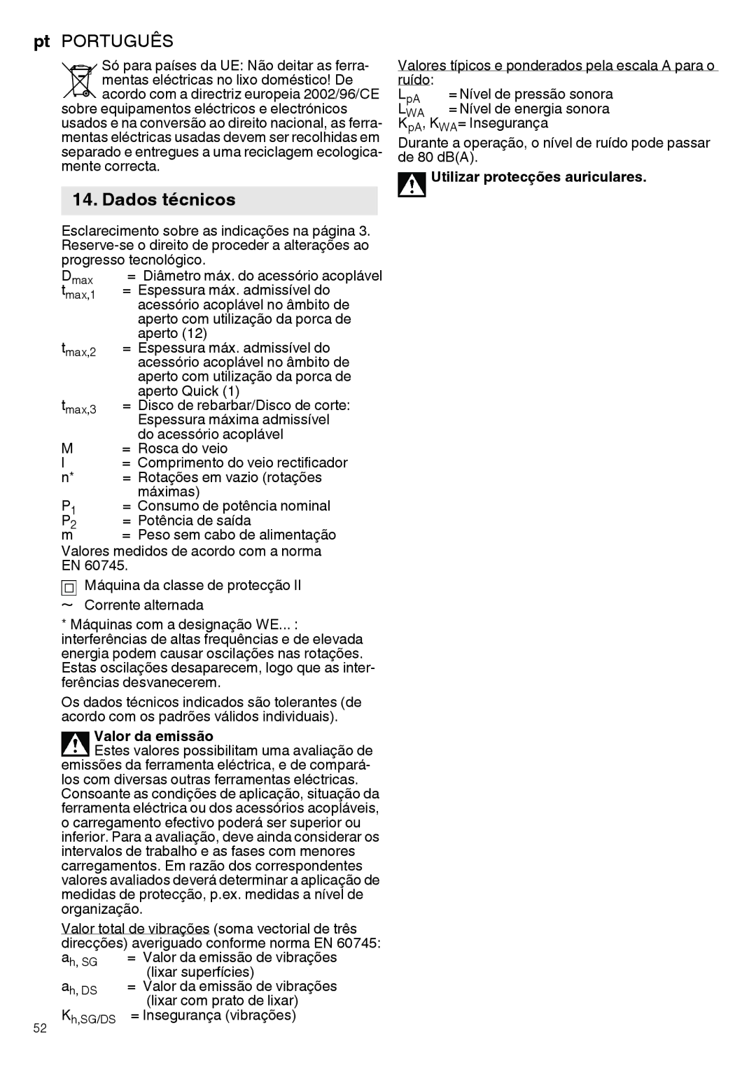 Metabo 600292420, 600267420, 600264420, 600268420 manual Dados técnicos, Valor da emissão, Utilizar protecções auriculares 