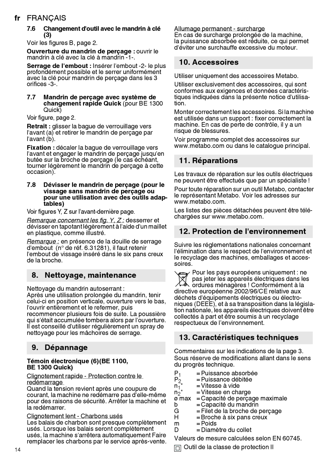 Metabo 600582420, 600581420 Nettoyage, maintenance, Dépannage, Accessoires, 11. Réparations Protection de lenvironnement 