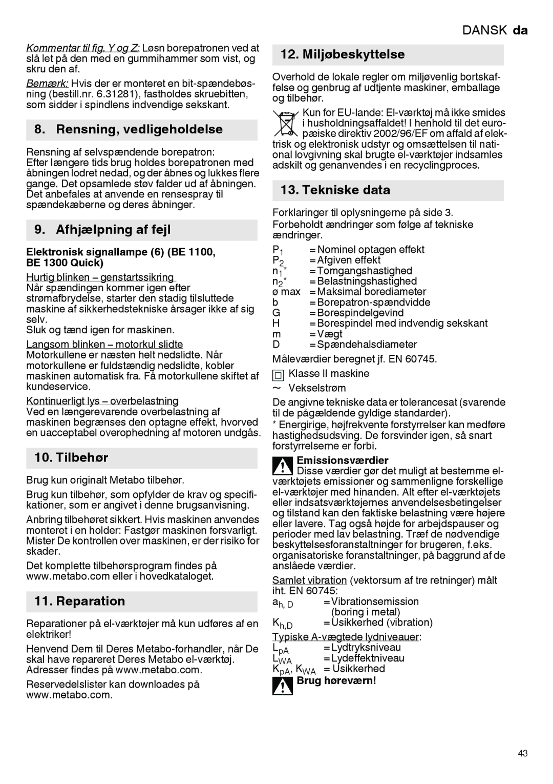 Metabo 600581420, 600582420 manual Rensning, vedligeholdelse, Afhjælpning af fejl, Reparation, Miljøbeskyttelse 