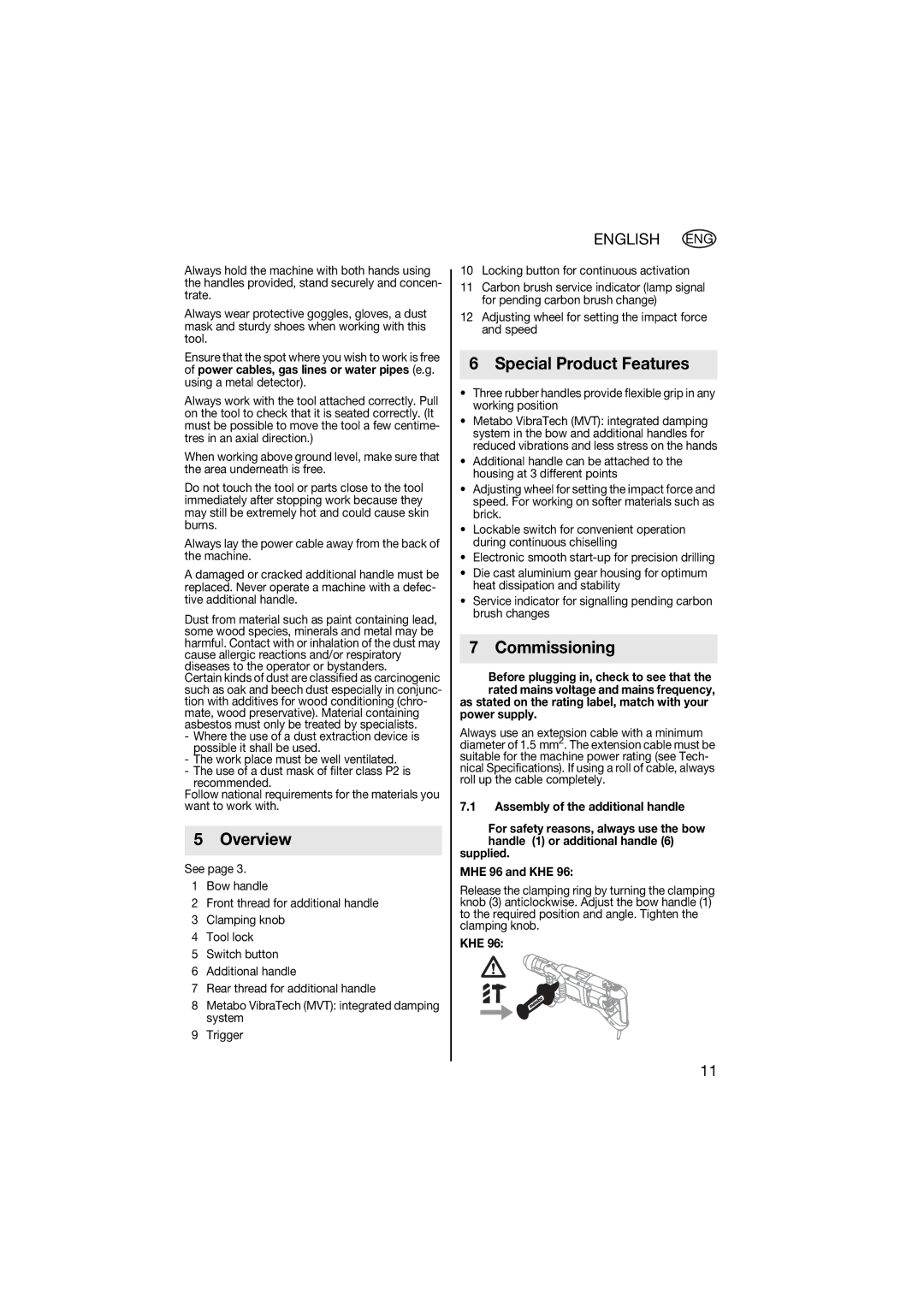 Metabo 600596420 manual Overview, Special Product Features, Commissioning, English ENG 