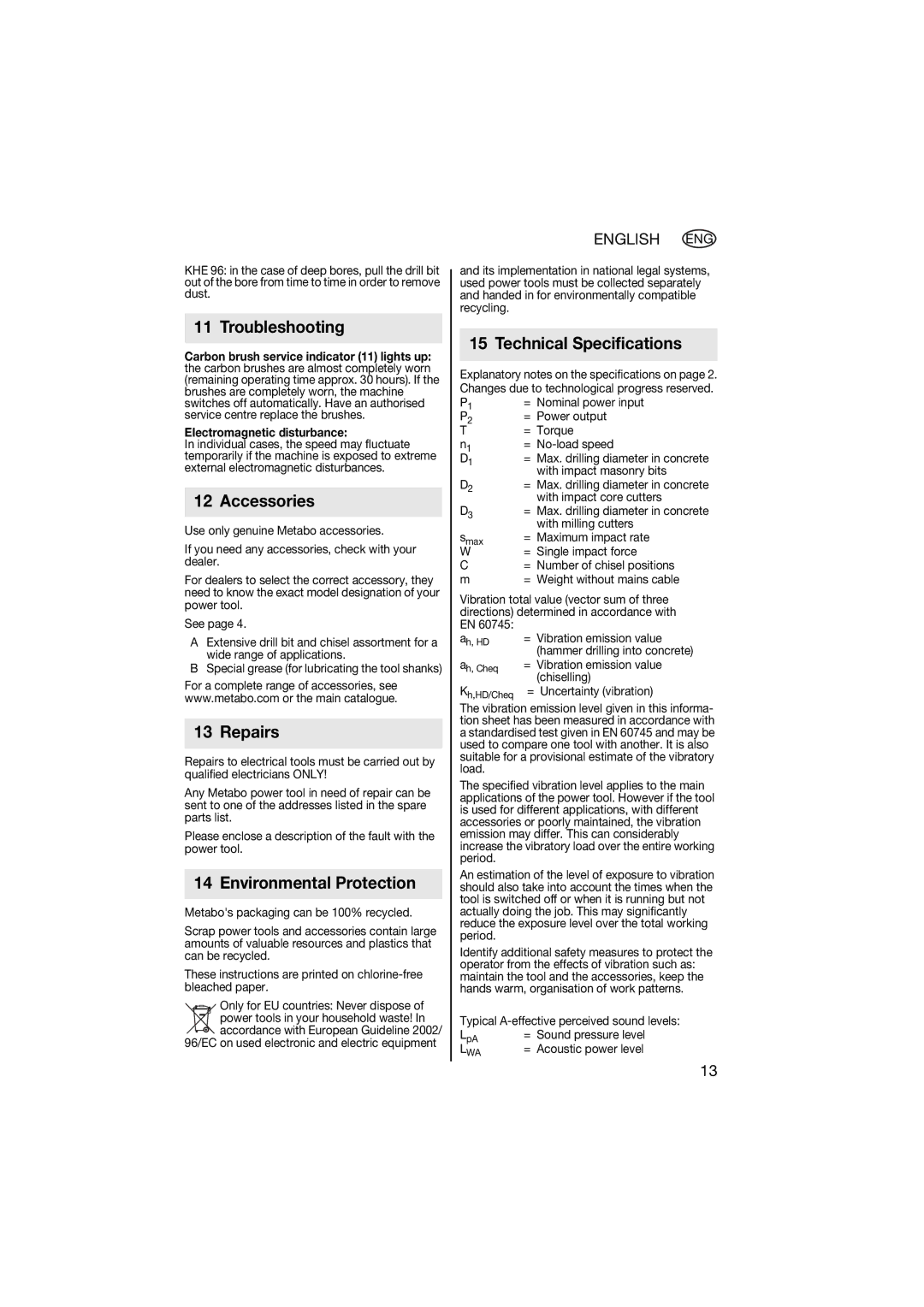 Metabo 600596420 manual Troubleshooting, Accessories, Repairs, Environmental Protection, Technical Specifications 