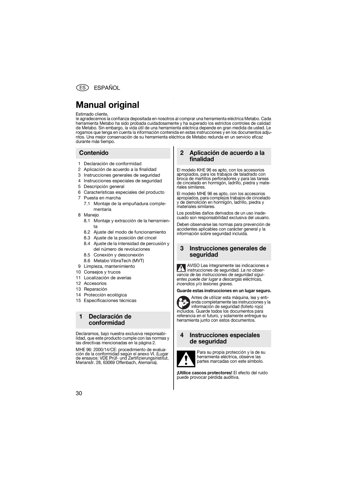 Metabo 600596420 Manual original, Contenido, Aplicación de acuerdo a la finalidad, Instrucciones generales de seguridad 