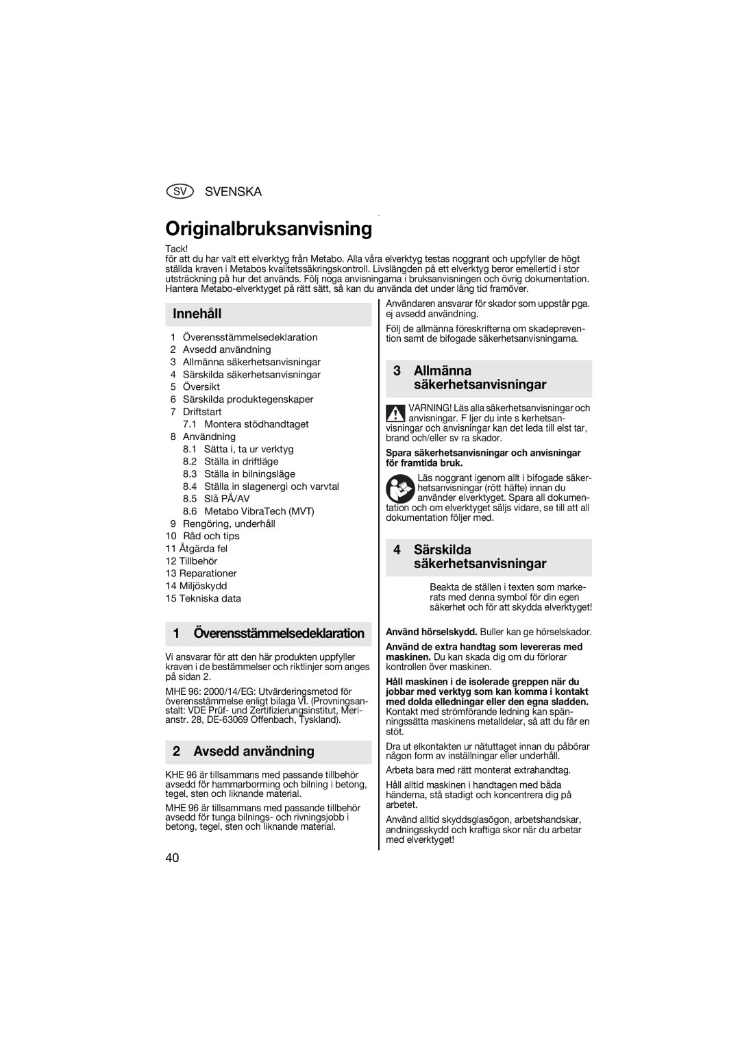 Metabo 600596420 manual Originalbruksanvisning 