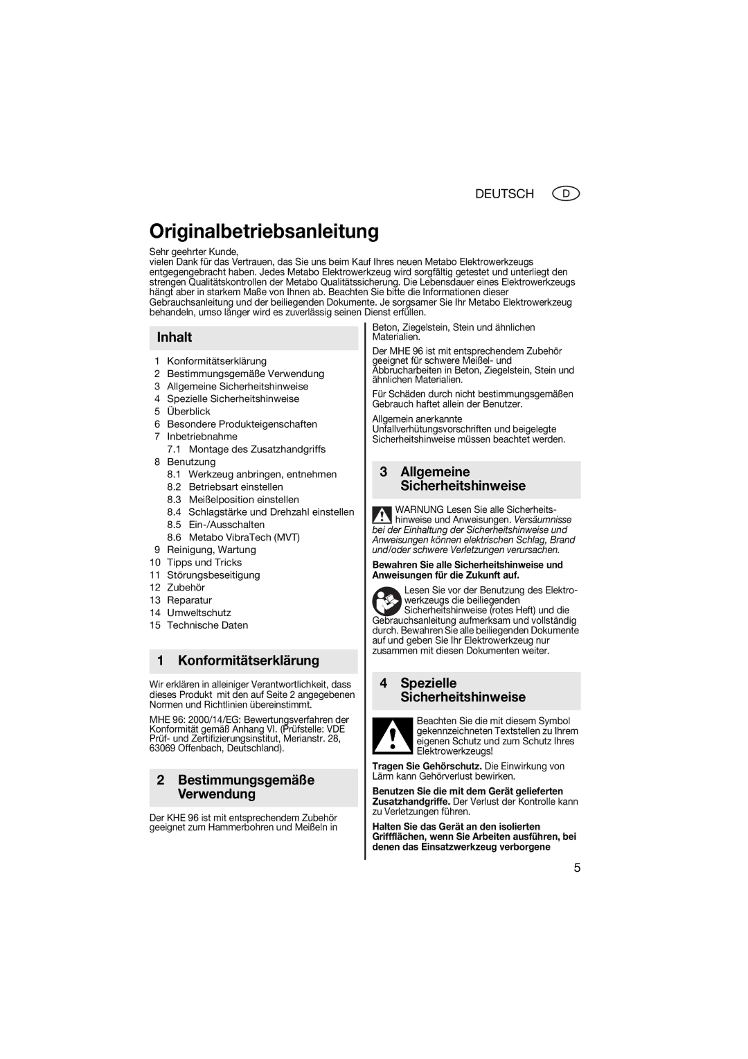 Metabo 600596420 manual Originalbetriebsanleitung, Inhalt, Konformitätserklärung, Allgemeine Sicherheitshinweise 