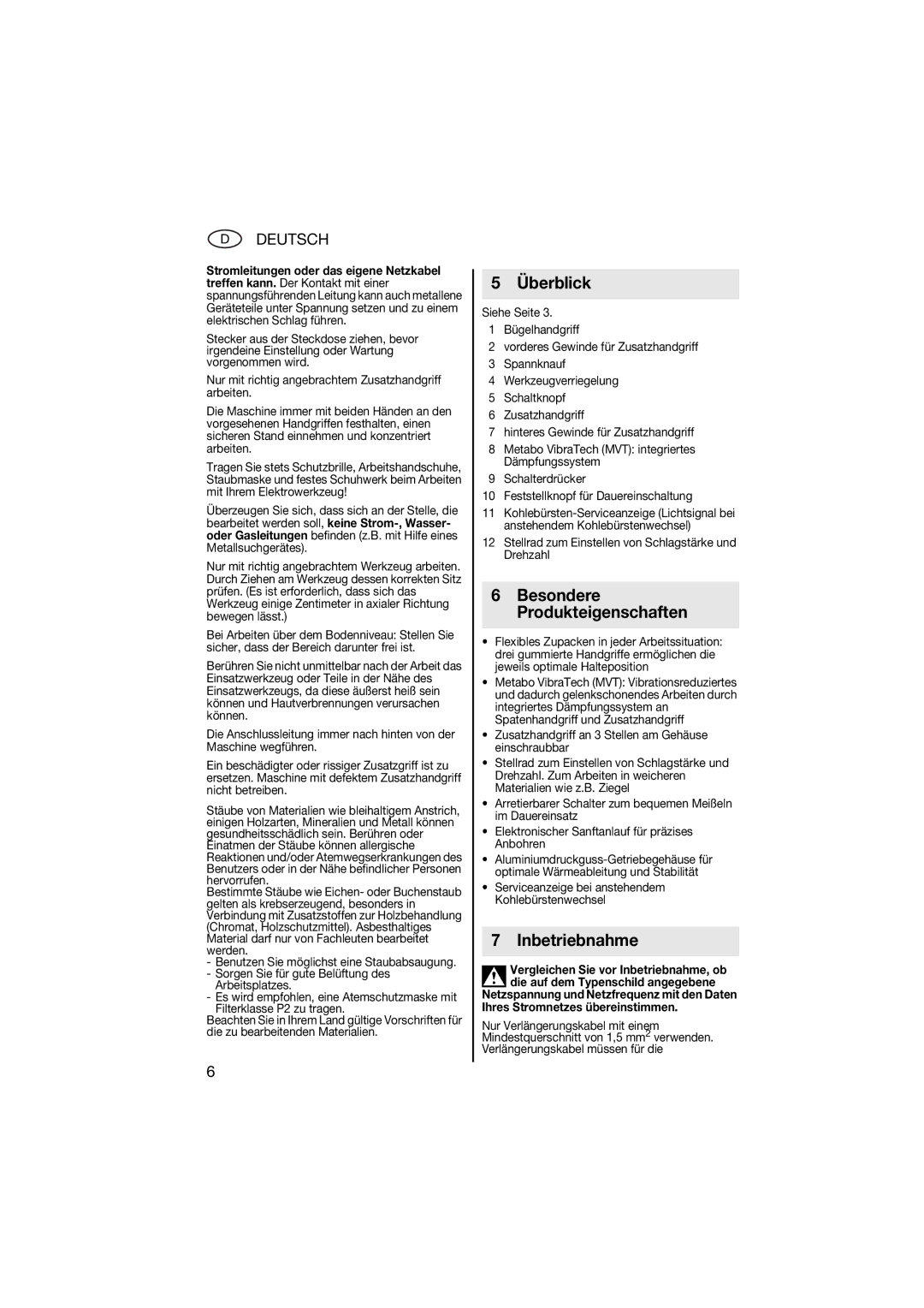 Metabo 600596420 manual Überblick, Inbetriebnahme, Deutsch, Besondere Produkteigenschaften 