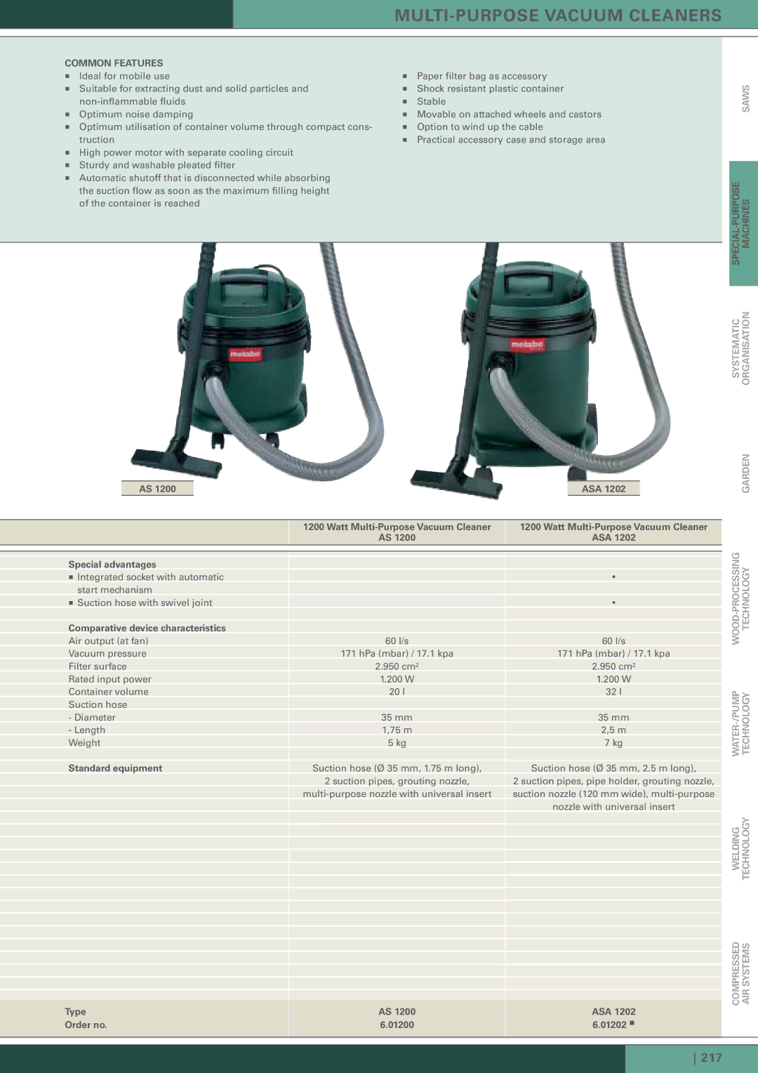 Metabo ASA 1202, AS 1200 manual MULTI-PURPOSE Vacuum Cleaners, Special advantages, Comparative device characteristics 