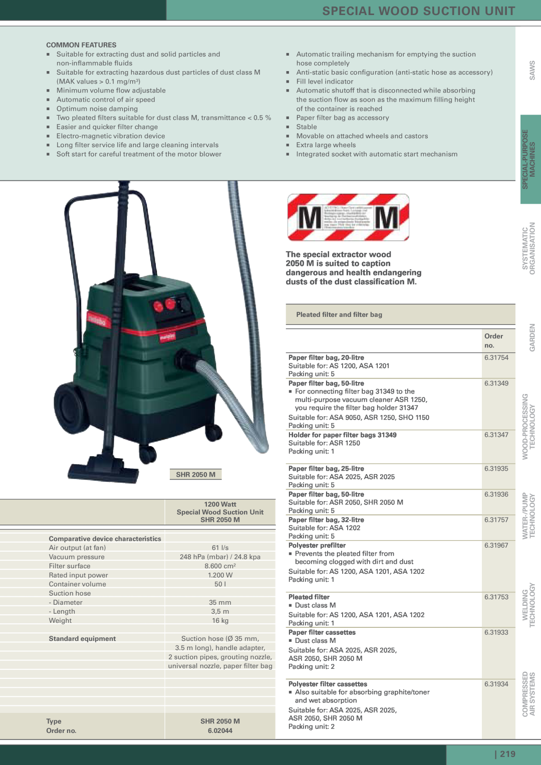 Metabo ASA 1202, AS 1200 manual Special Wood Suction Unit 