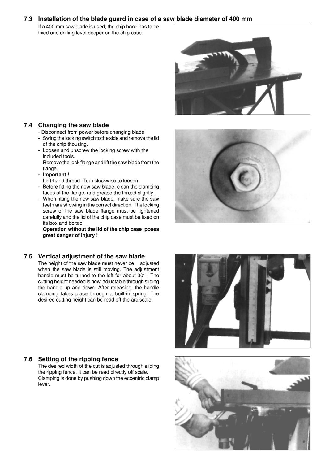 Metabo BKH 400, BKH450 Changing the saw blade, Vertical adjustment of the saw blade, Setting of the ripping fence 