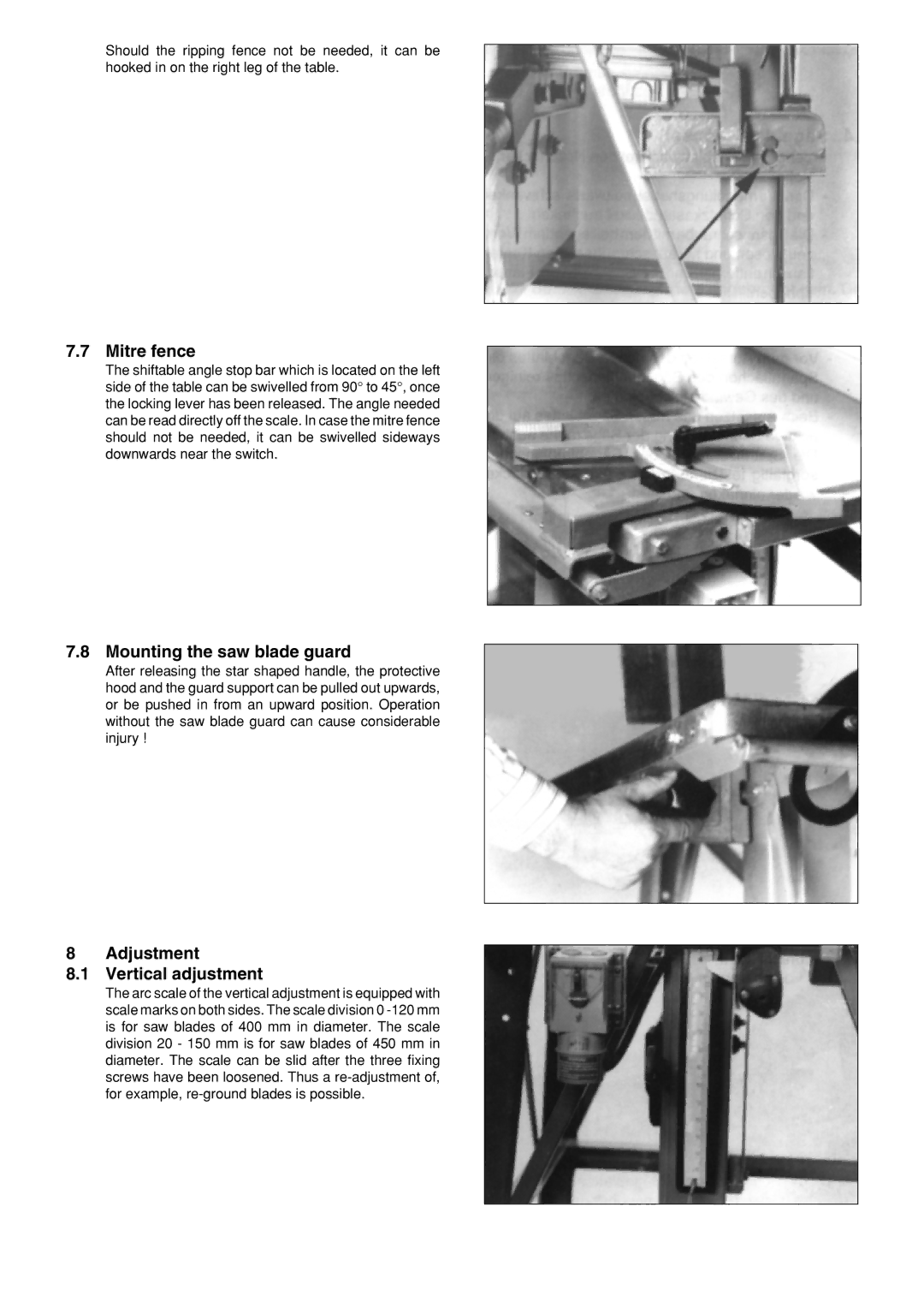 Metabo BKH450, BKH 400 manuel dutilisation Mitre fence, Mounting the saw blade guard, Adjustment Vertical adjustment 