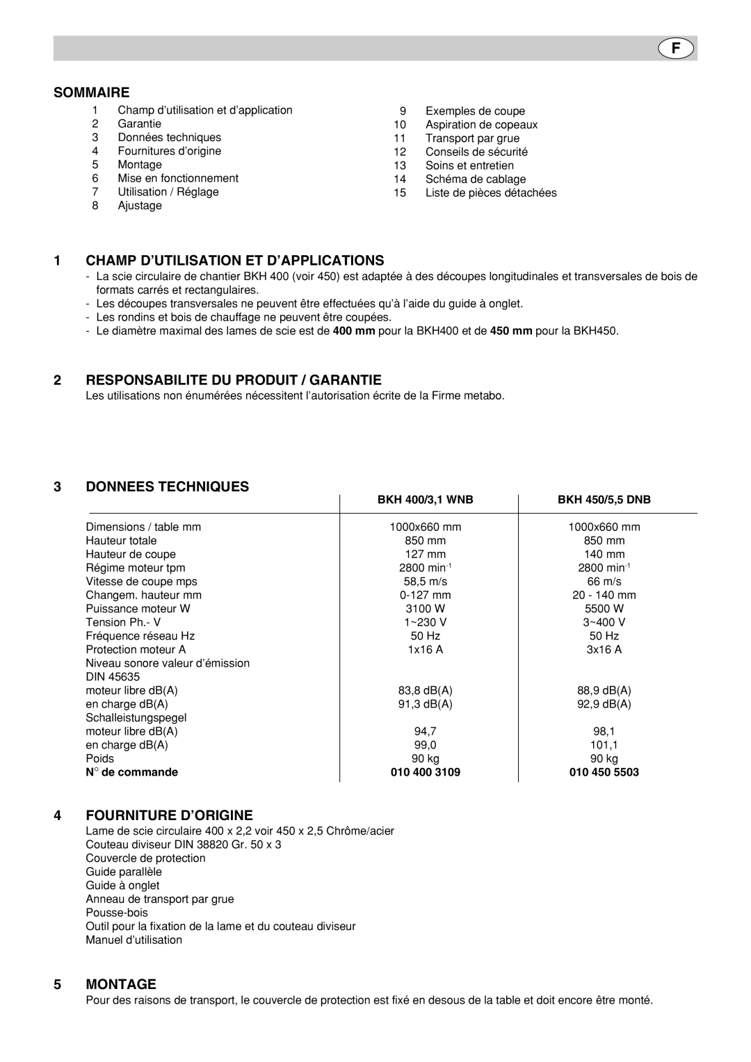 Metabo BKH 400 Sommaire, Champ D’UTILISATION ET D’APPLICATIONS, Responsabilite DU Produit / Garantie, Donnees Techniques 