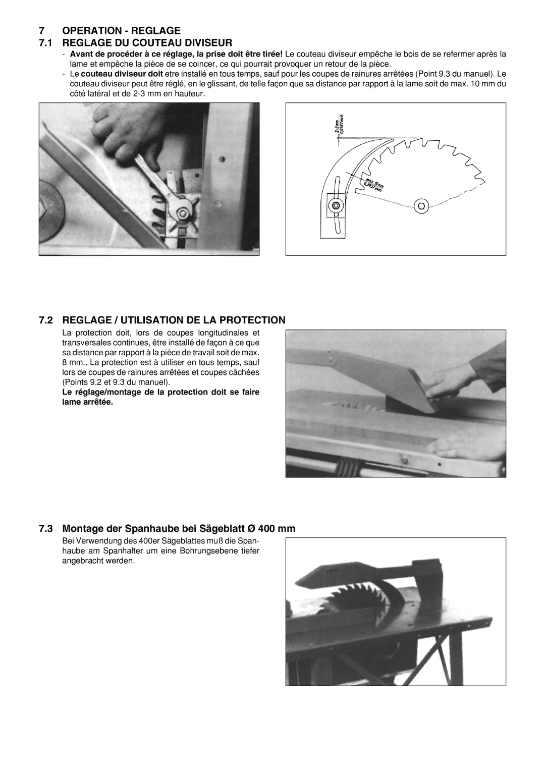 Metabo BKH 400, BKH450 Operation Reglage Reglage DU Couteau Diviseur, Reglage / Utilisation DE LA Protection 