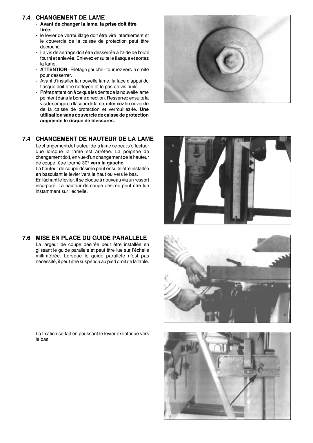 Metabo BKH450, BKH 400 Changement DE Lame, Changement DE Hauteur DE LA Lame, Mise EN Place DU Guide Parallele 