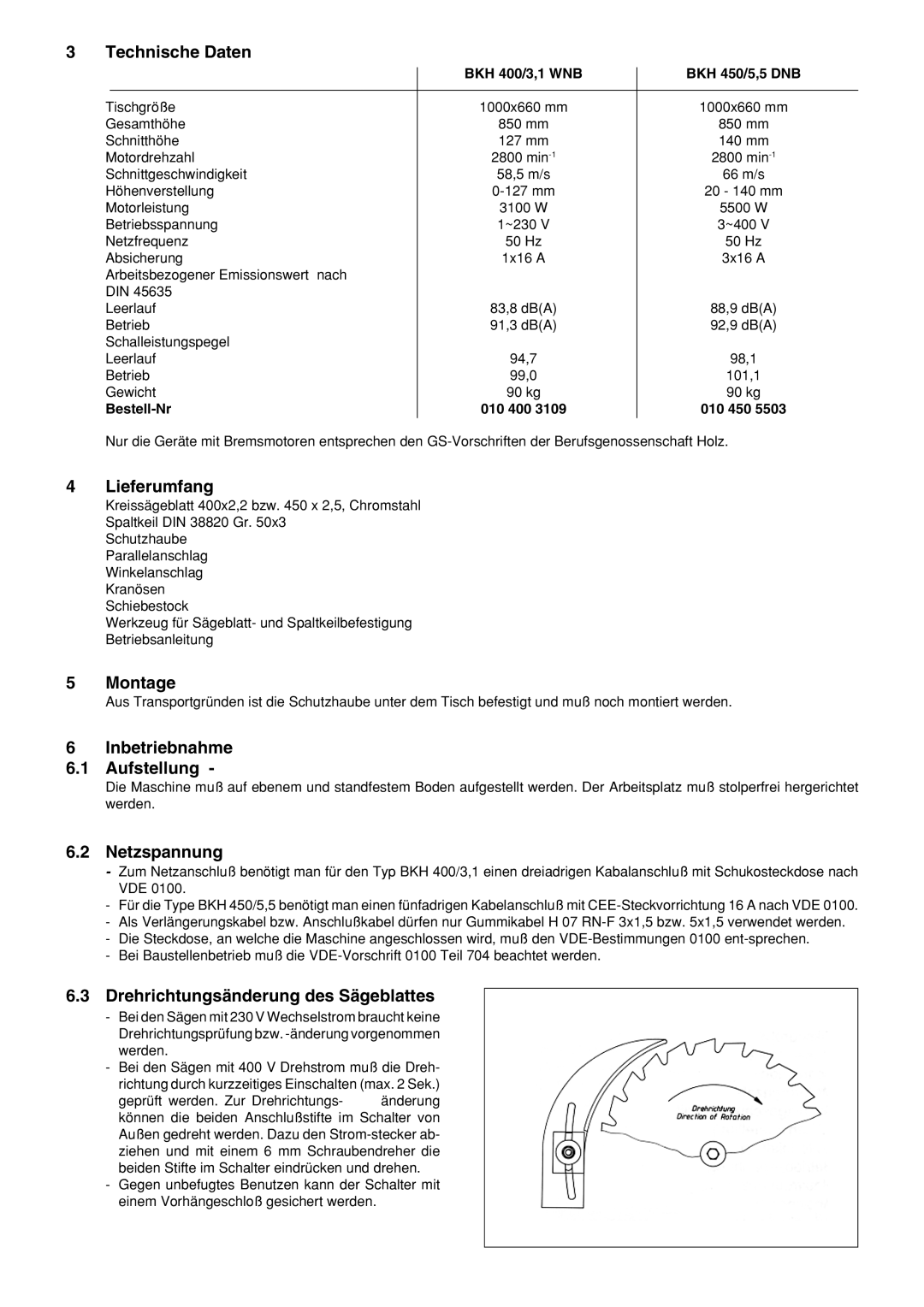 Metabo BKH450, BKH 400 manuel dutilisation Technische Daten, Lieferumfang, Montage, Inbetriebnahme Aufstellung, Netzspannung 