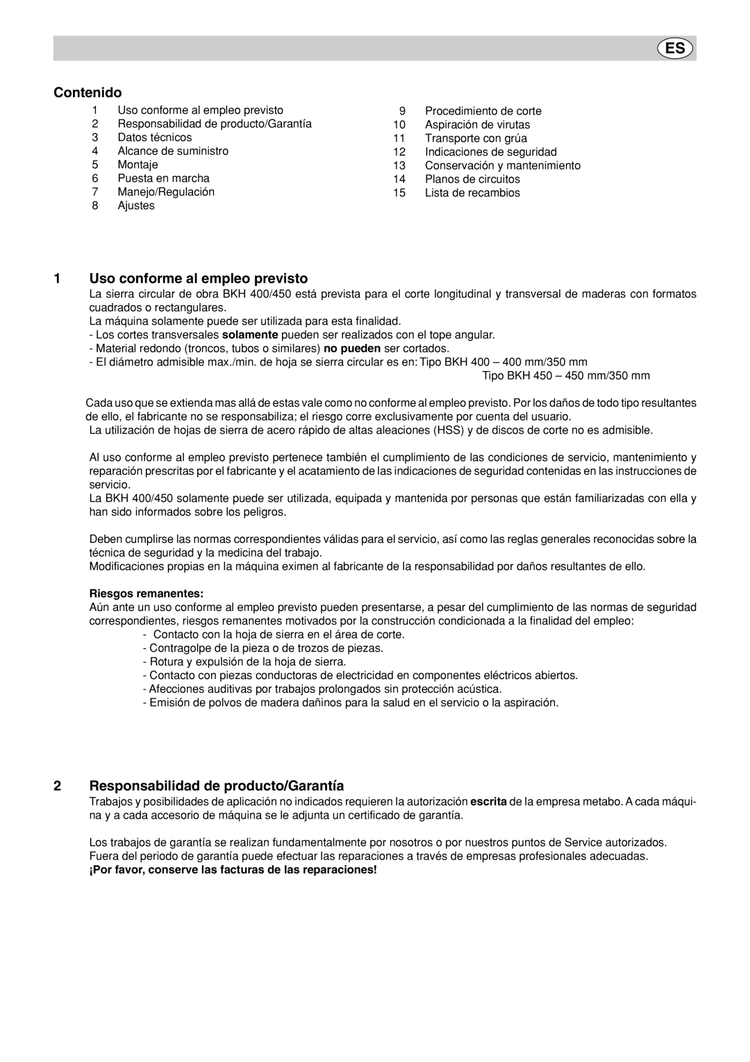 Metabo BKH 400 Contenido, Uso conforme al empleo previsto, Responsabilidad de producto/Garantía, Riesgos remanentes 