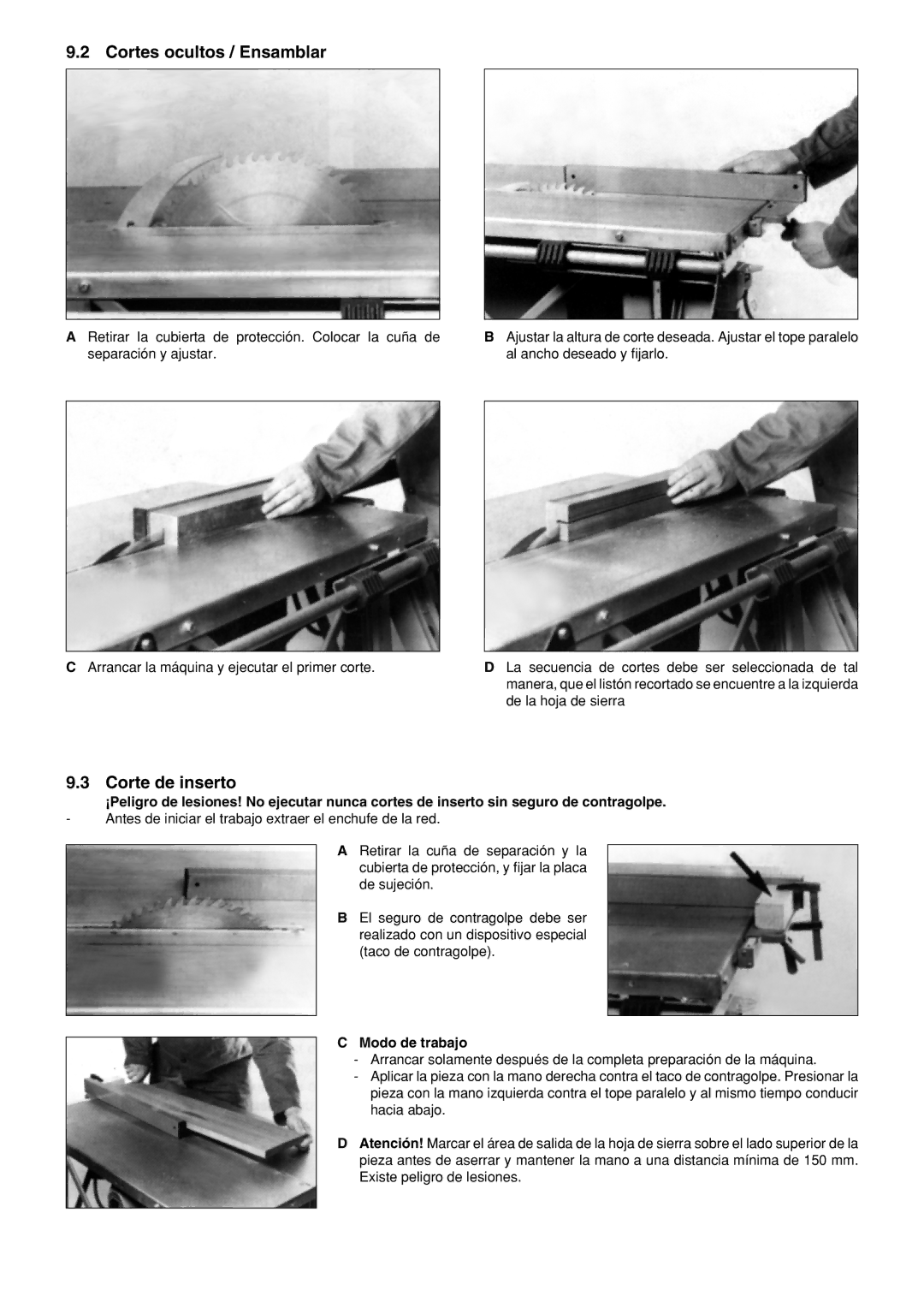 Metabo BKH450, BKH 400 manuel dutilisation Cortes ocultos / Ensamblar, Corte de inserto, Modo de trabajo 