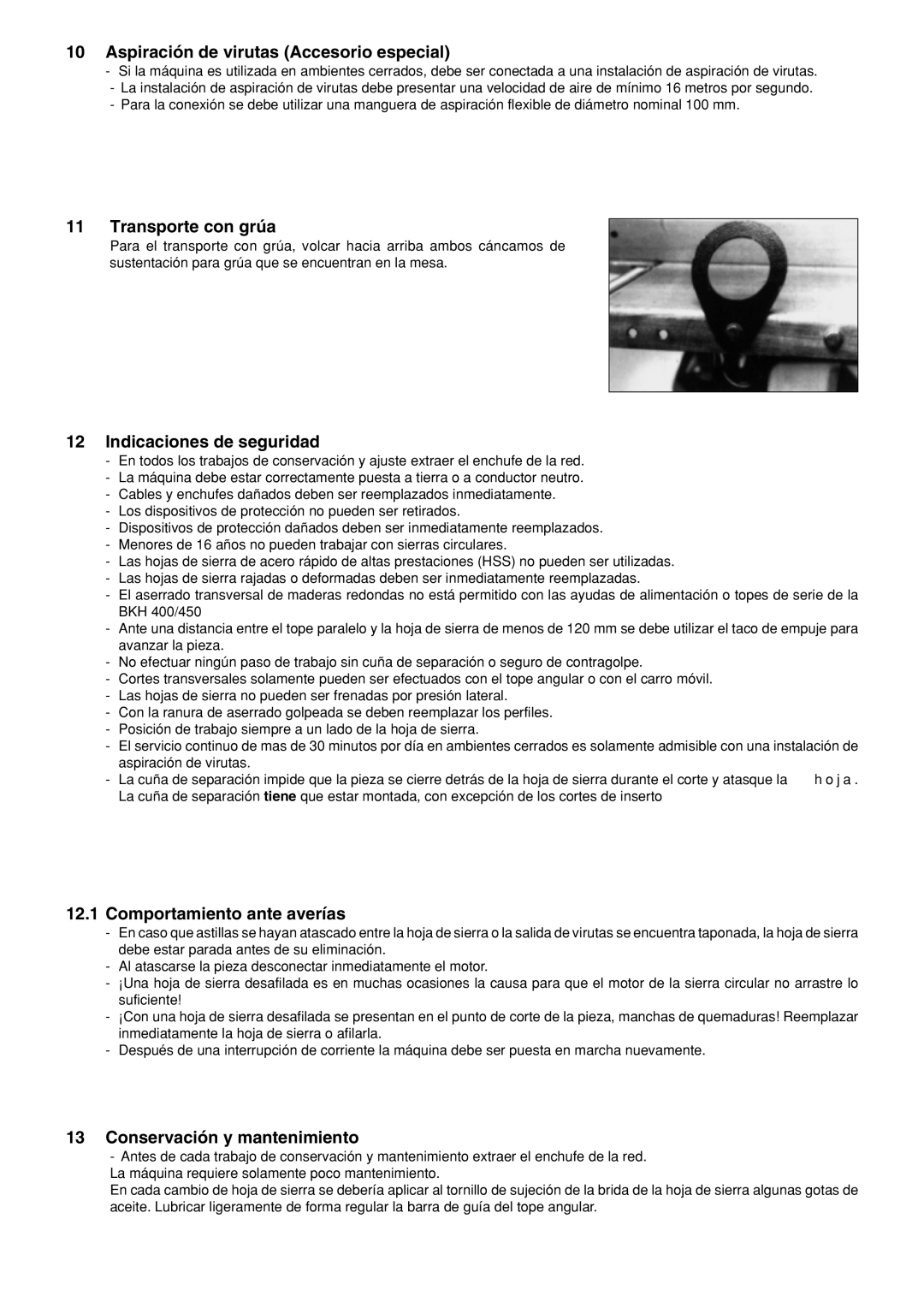 Metabo BKH450, BKH 400 Aspiración de virutas Accesorio especial, Transporte con grúa, Indicaciones de seguridad 