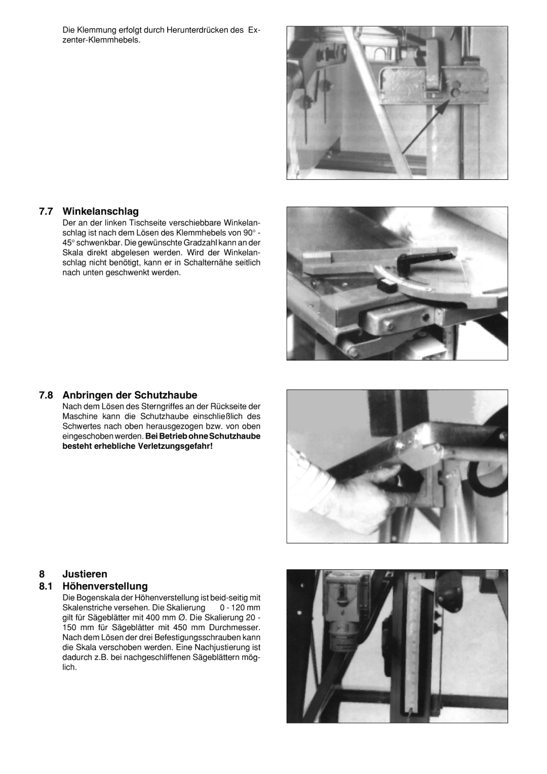 Metabo BKH 400, BKH450 manuel dutilisation Winkelanschlag, Anbringen der Schutzhaube, Justieren, Höhenverstellung 