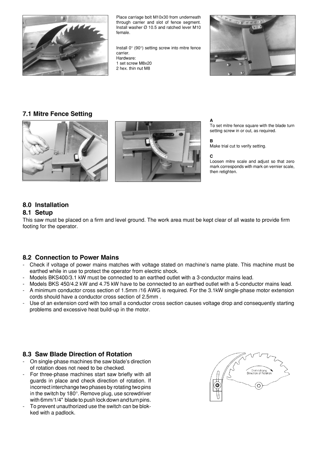 Metabo BKS 400 Mitre Fence Setting, Installation Setup, Connection to Power Mains, Saw Blade Direction of Rotation 
