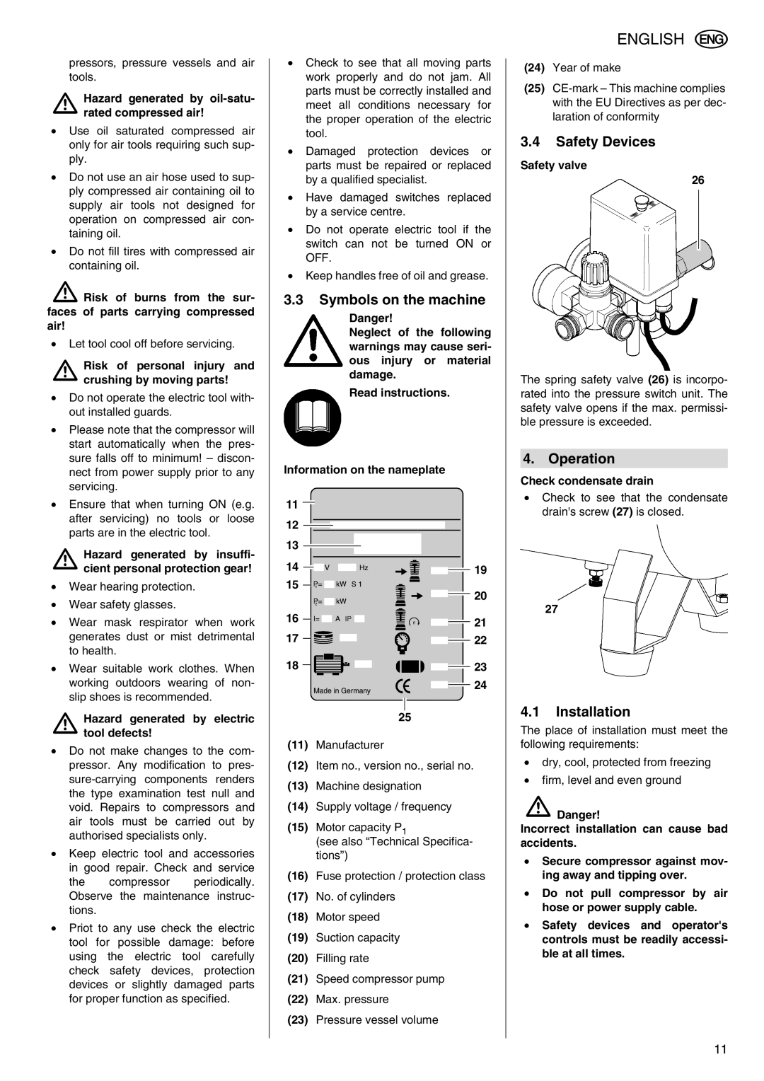 Metabo Classic 50, Classic 350, Classic 8 manual Symbols on the machine, Safety Devices, Operation, Installation 