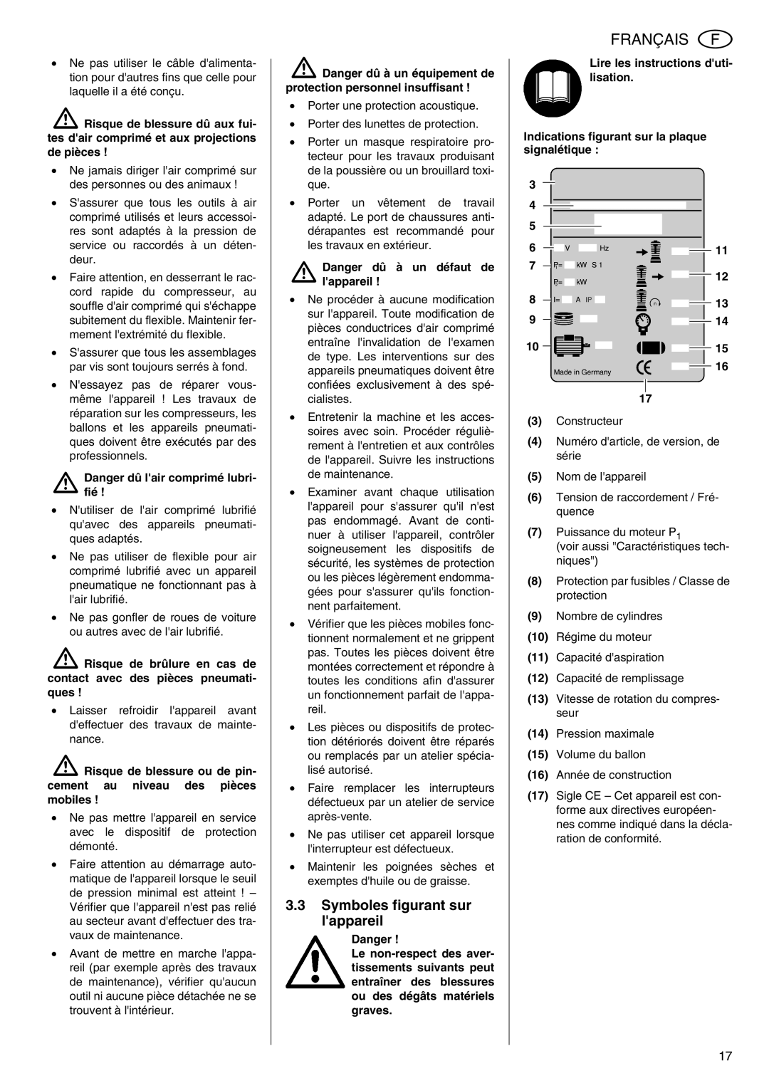 Metabo Classic 50, Classic 350, Classic 8 manual Symboles figurant sur lappareil, ADangerfié ! dû lair comprimé lubri 