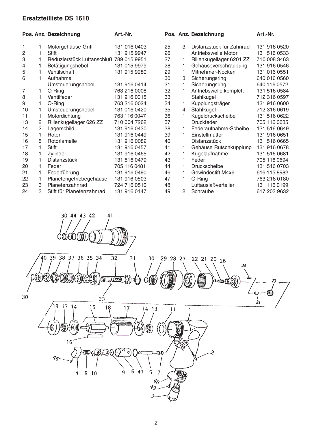 Metabo DS 1610 operating instructions Ersatzteilliste DS, Pos. Anz. Bezeichnung Art.-Nr 