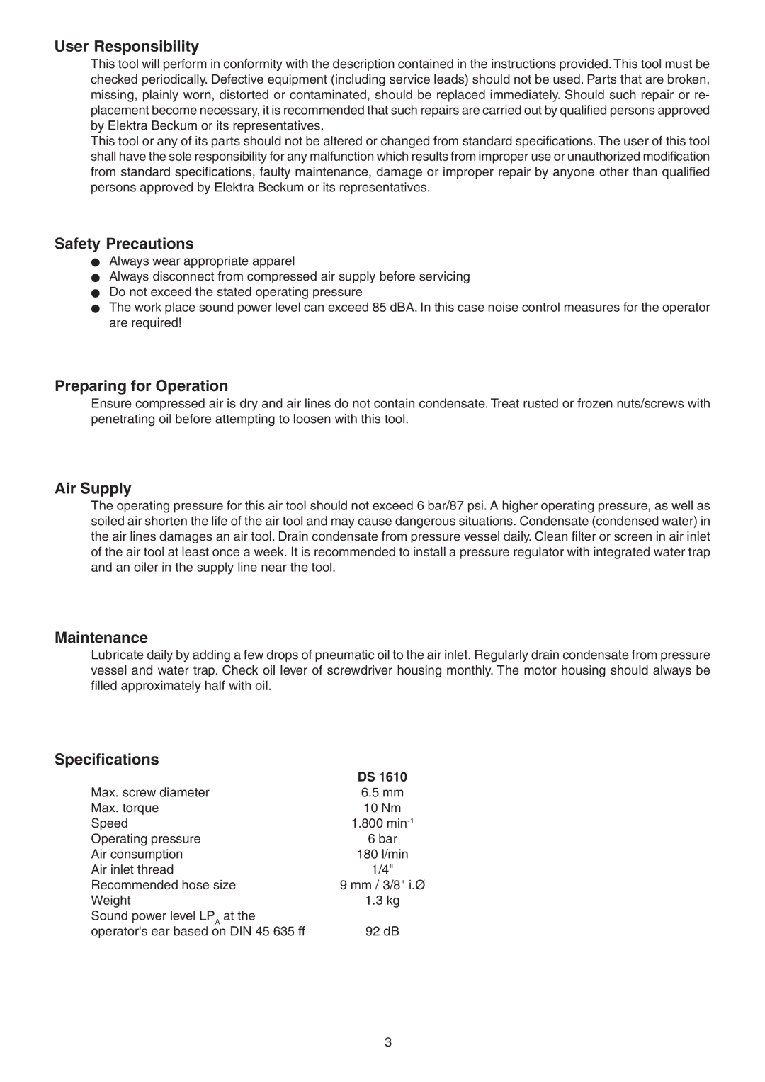 Metabo DS 1610 User Responsibility, Safety Precautions, Preparing for Operation, Air Supply, Maintenance, Specifications 