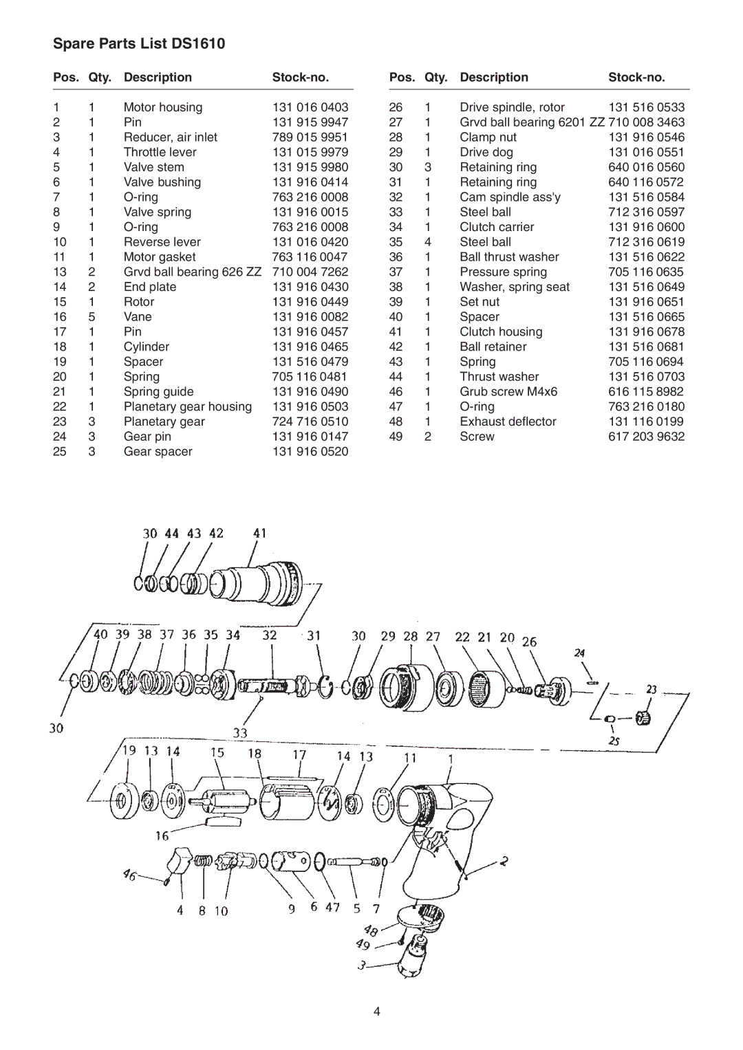 Metabo DS 1610 operating instructions Spare Parts List DS1610, Pos Qty Description Stock-no 