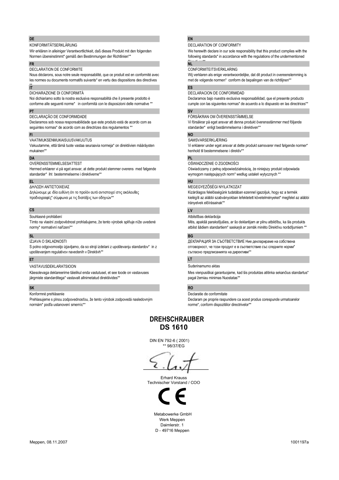 Metabo DS 1610 operating instructions Drehschrauber 