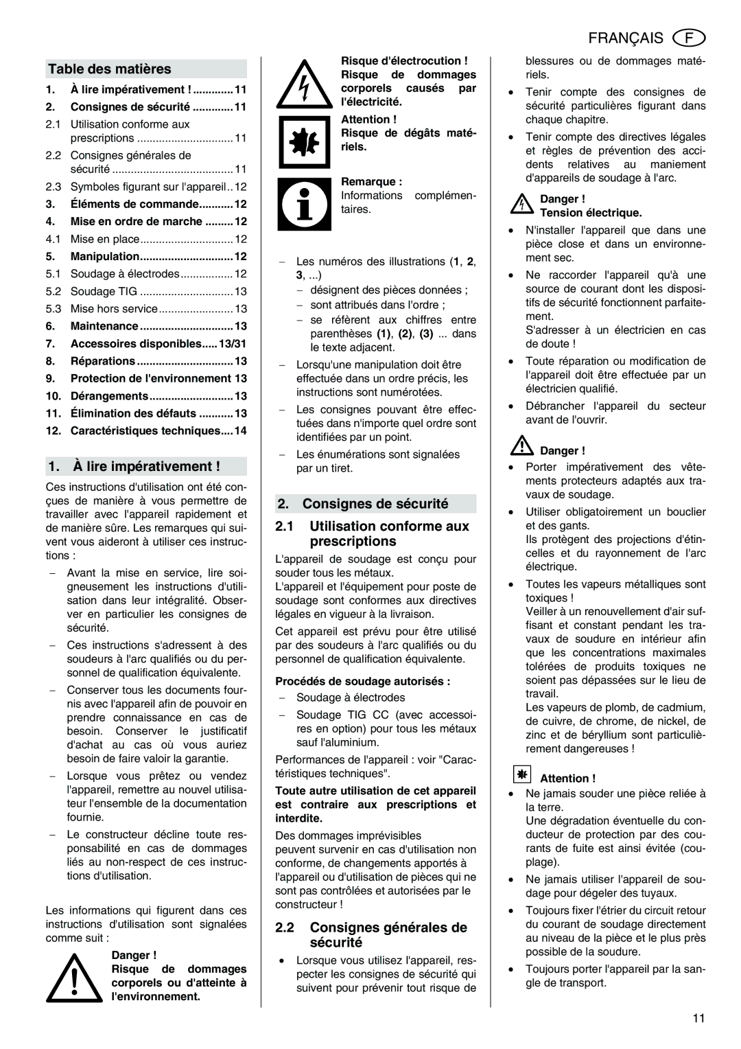 Metabo E 130, E 170 Si, E 150 Français, Table des matières, Lire impérativement, Consignes générales de sécurité 