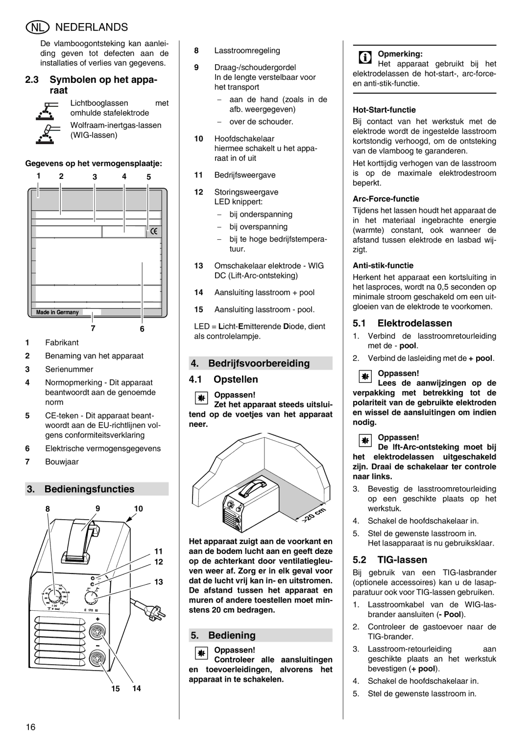 Metabo E 150 Symbolen op het appa- raat, Bedieningsfuncties, Bedrijfsvoorbereiding Opstellen, Elektrodelassen, TIG-lassen 