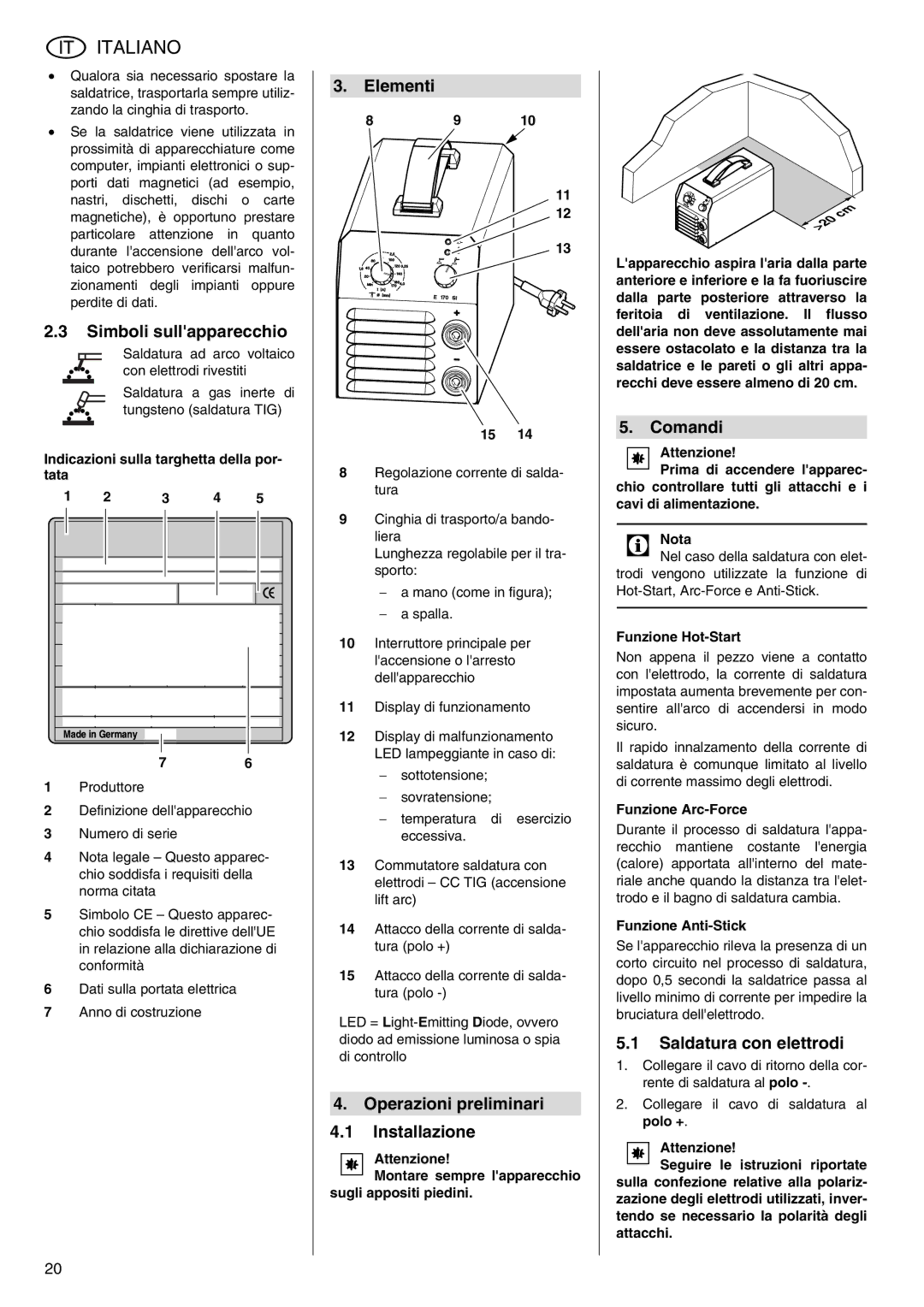 Metabo E 130 Simboli sullapparecchio, Elementi, Operazioni preliminari Installazione, Comandi, Saldatura con elettrodi 