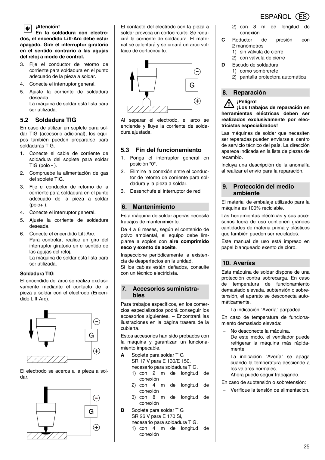 Metabo E 150, E 130 Soldadura TIG, Fin del funcionamiento, Mantenimiento, Accesorios suministra- bles, Reparación, Averías 