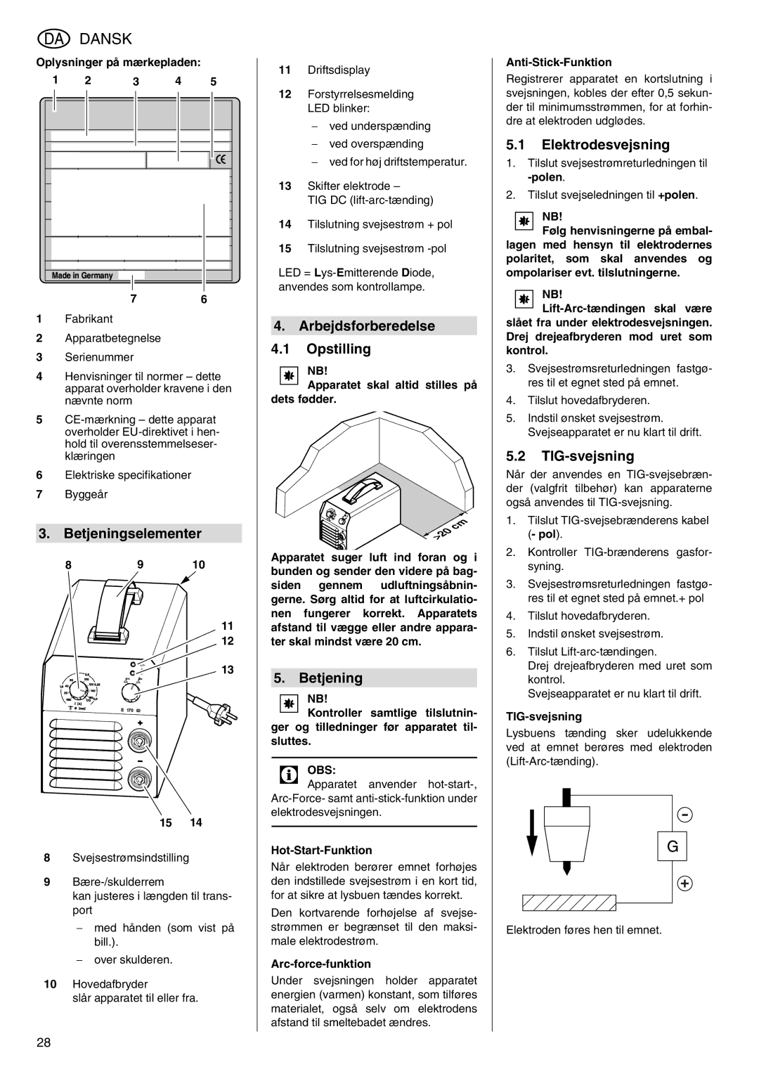 Metabo E 150, E 170 Si, E 130 Betjeningselementer, Arbejdsforberedelse Opstilling, Elektrodesvejsning, TIG-svejsning 