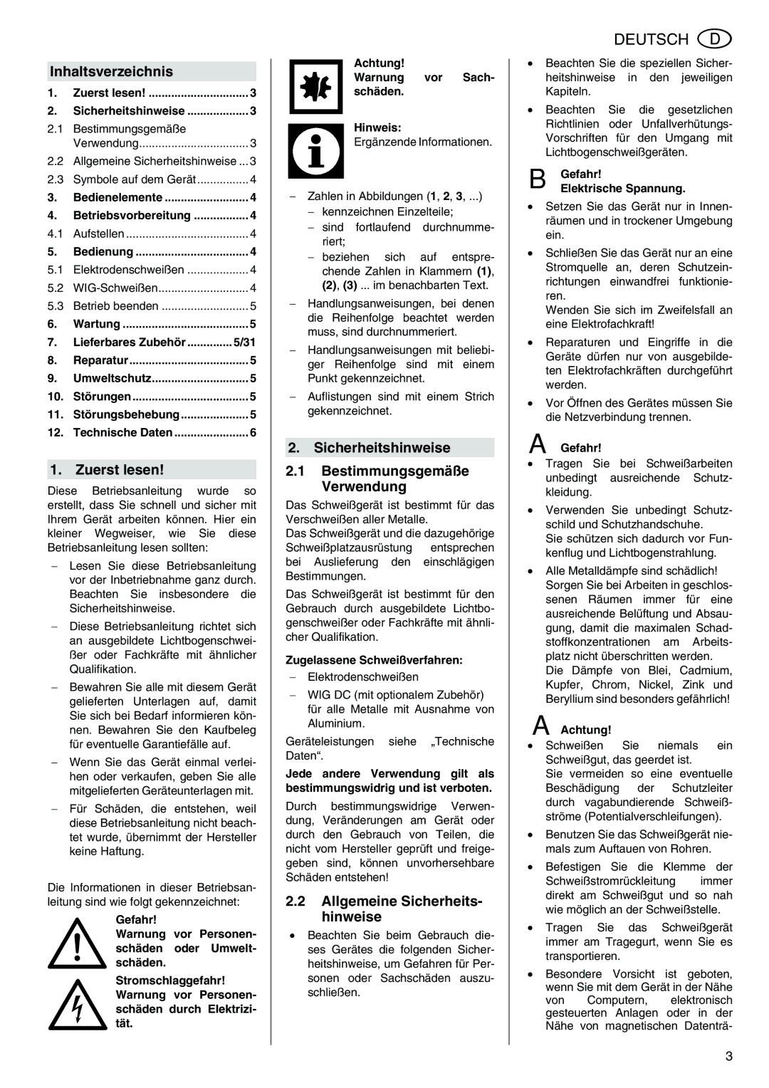 Metabo E 170 Si, E 150, E 130 Deutsch, Inhaltsverzeichnis, Zuerst lesen, Sicherheitshinweise Bestimmungsgemäße Verwendung 