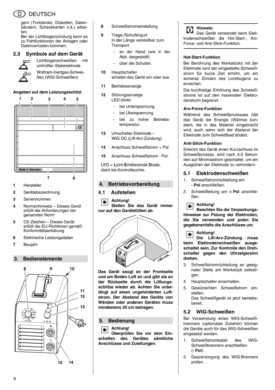 Metabo E 150, E 130 Symbole auf dem Gerät, Bedienelemente, Betriebsvorbereitung Aufstellen, Bedienung, Elektrodenschweißen 